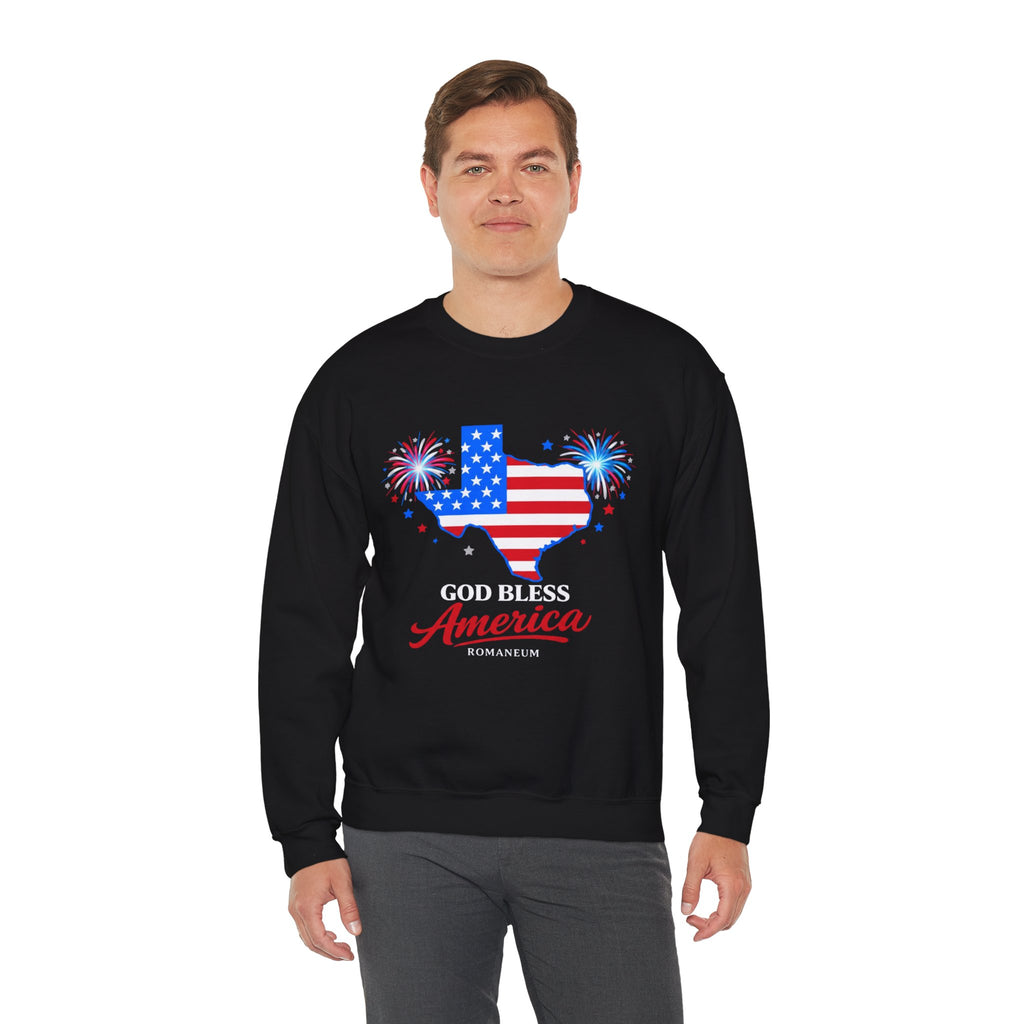 Romaneum God Bless America Flag Heart sweatshirt | Patriotic 4th of July crewneck