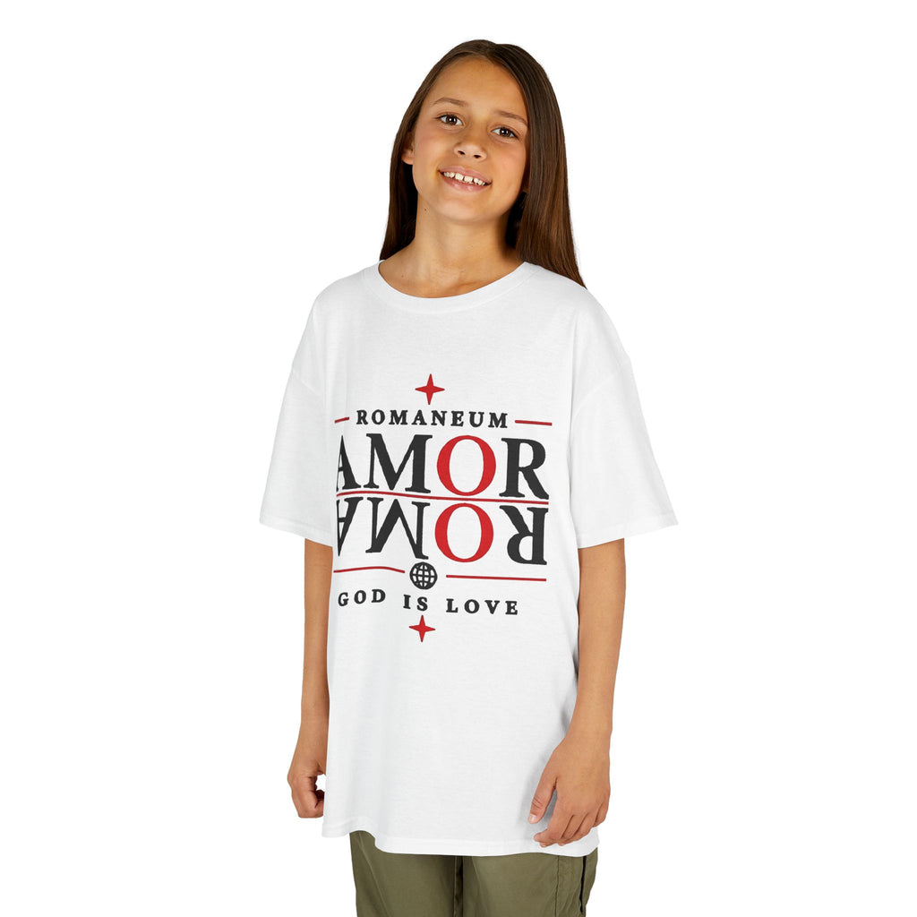 Kids Tee — "Amor Roma / God is Love" Religious Graphic Shirt