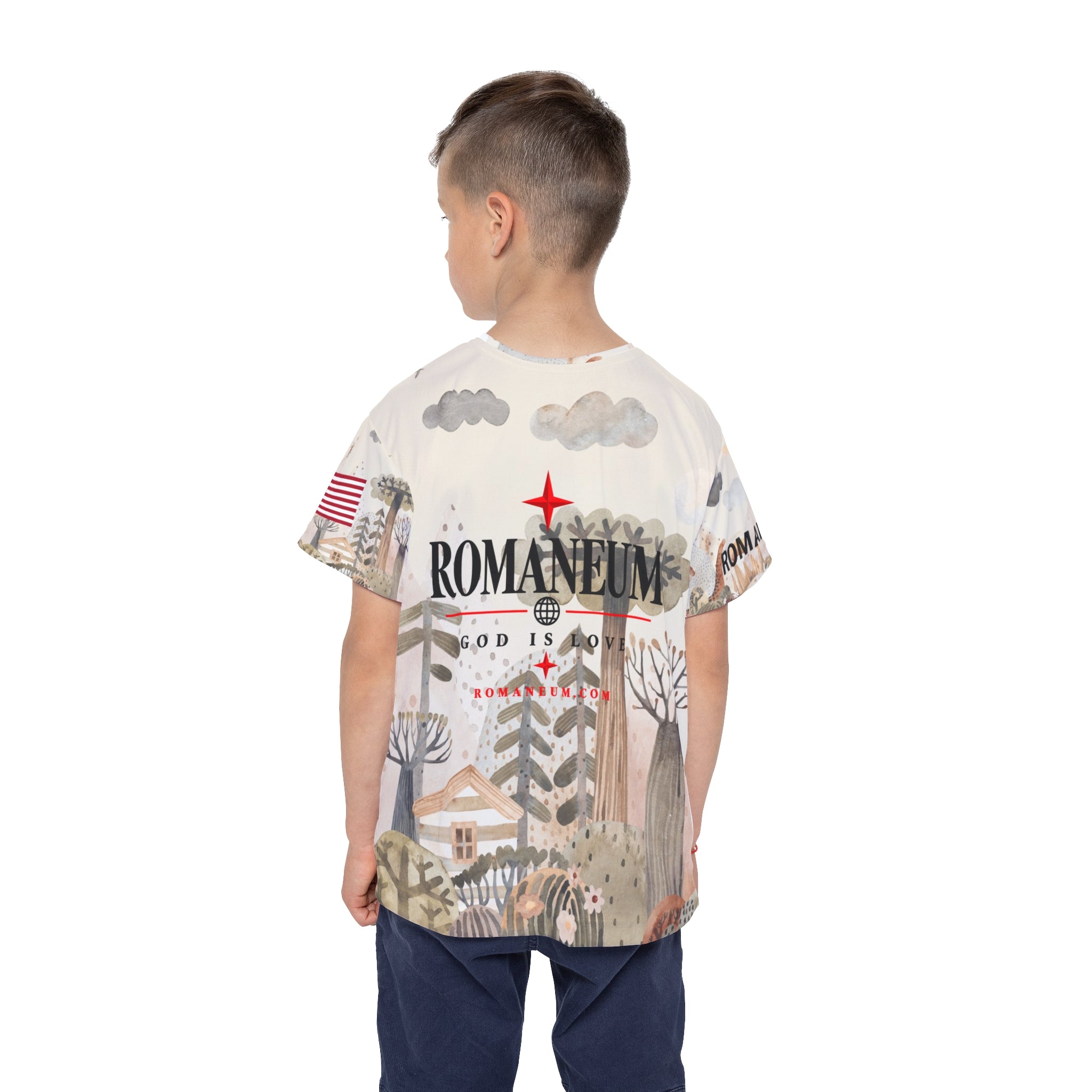 Kids All-Over Print Jersey — 'Amor Roma / God Is Love' Romaneum Sports Tee