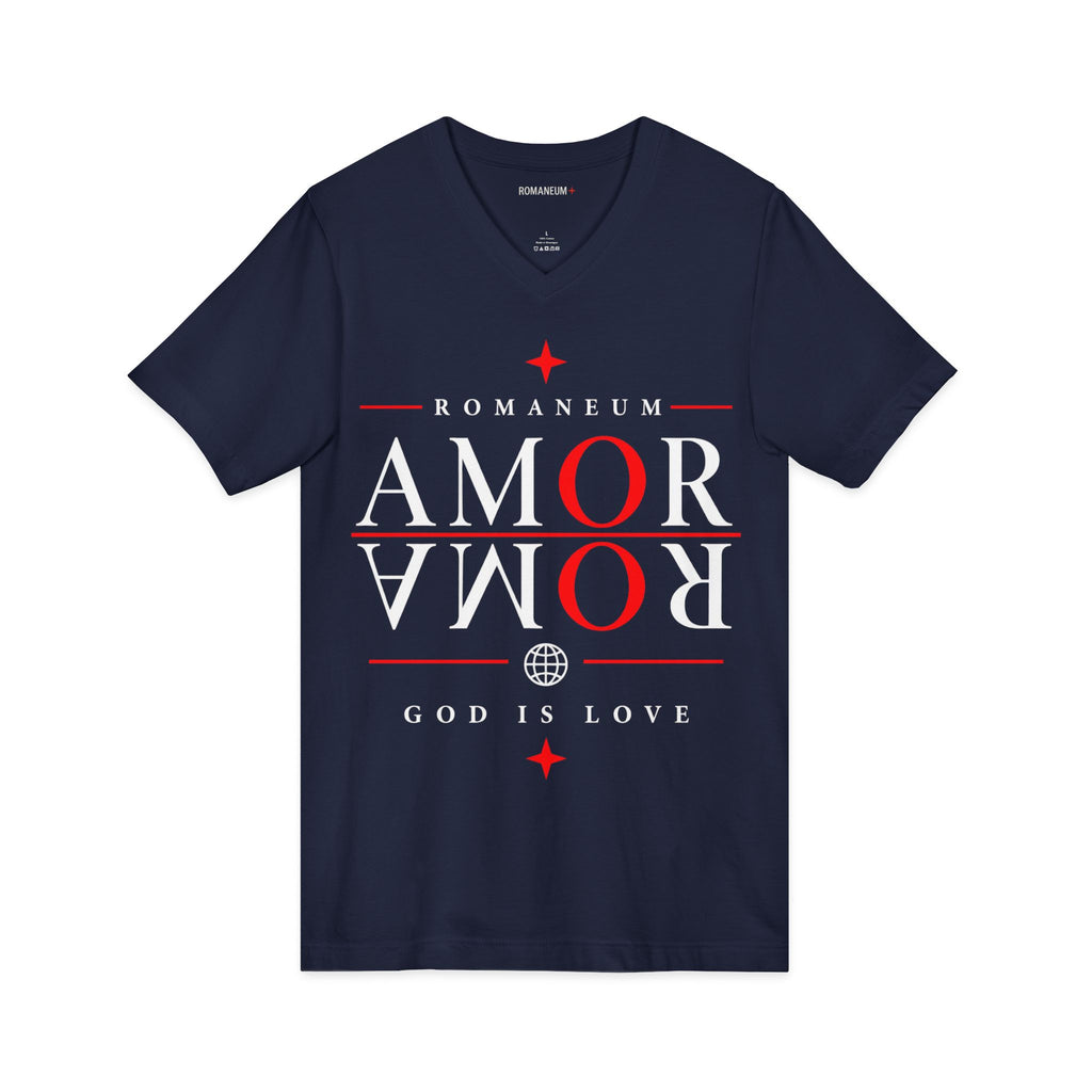 Romaneum "Amor/Roma" V-Neck Tee — God Is Love Christian Graphic Shirt