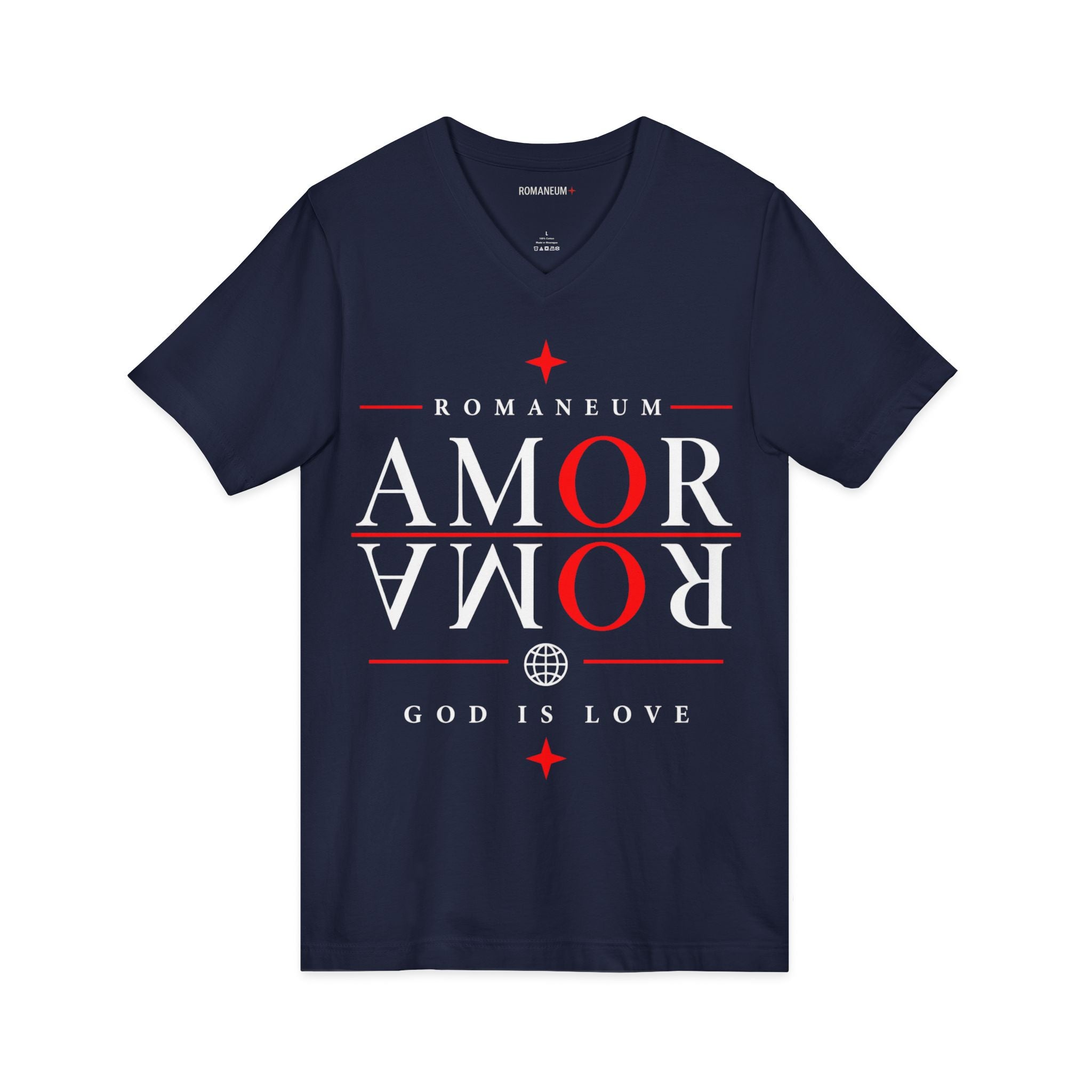 Romaneum "Amor/Roma" V-Neck Tee — God Is Love Christian Graphic Shirt