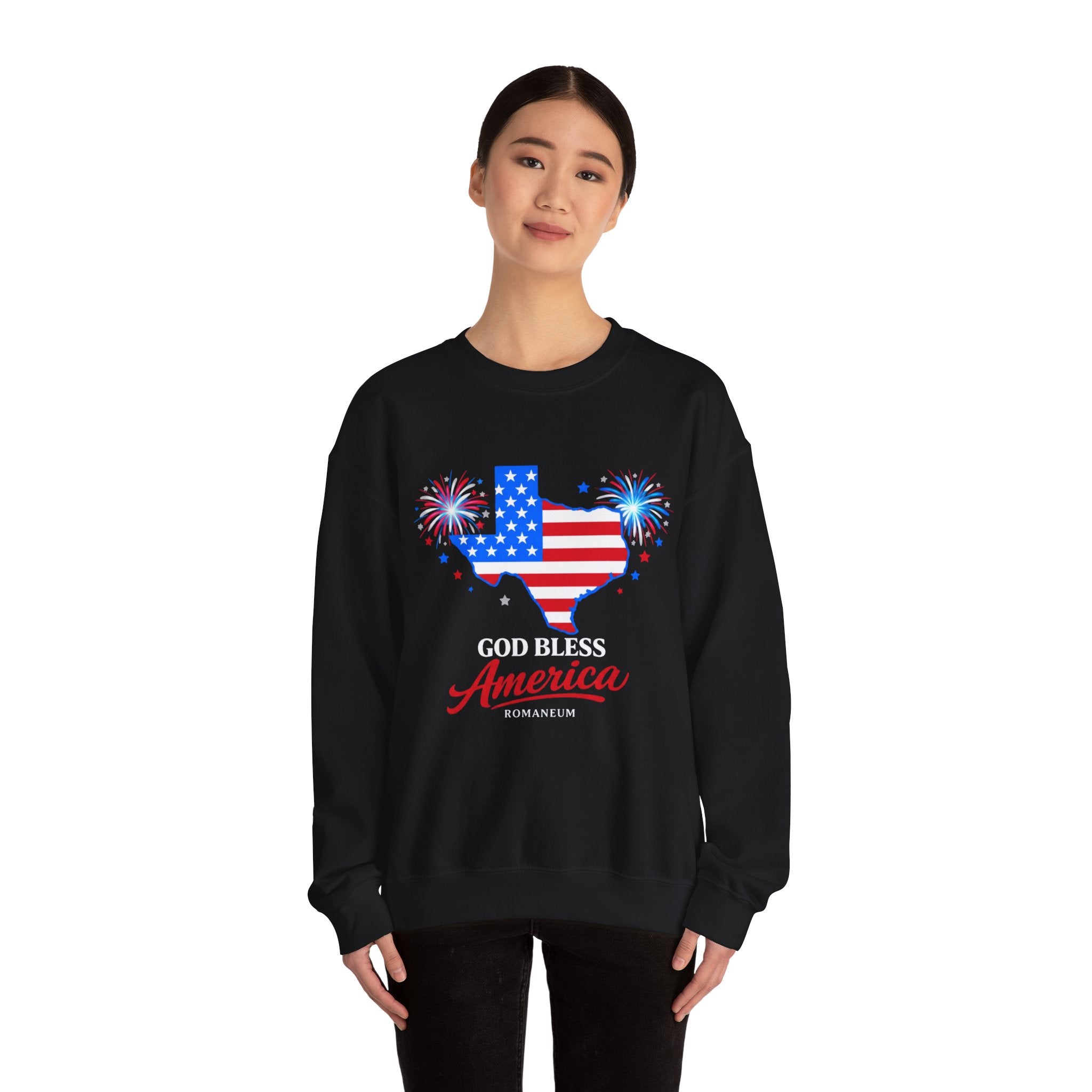 Romaneum God Bless America Flag Heart sweatshirt | Patriotic 4th of July crewneck