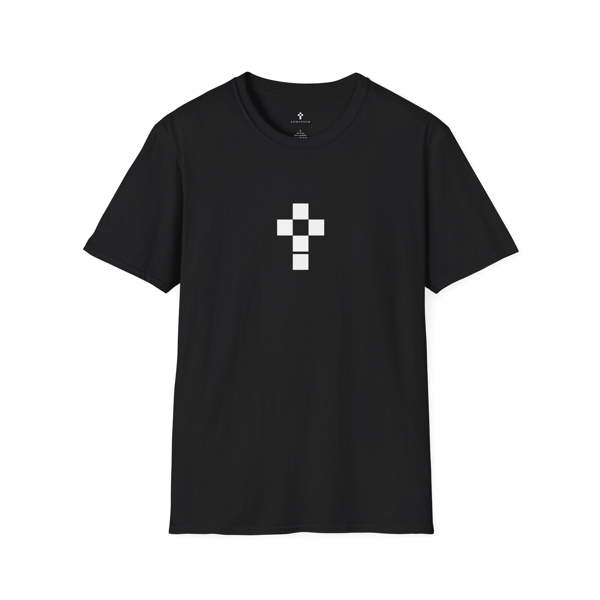 Romaneum Minimal Pixel Cross T-Shirt | Small Black Geometric Cross