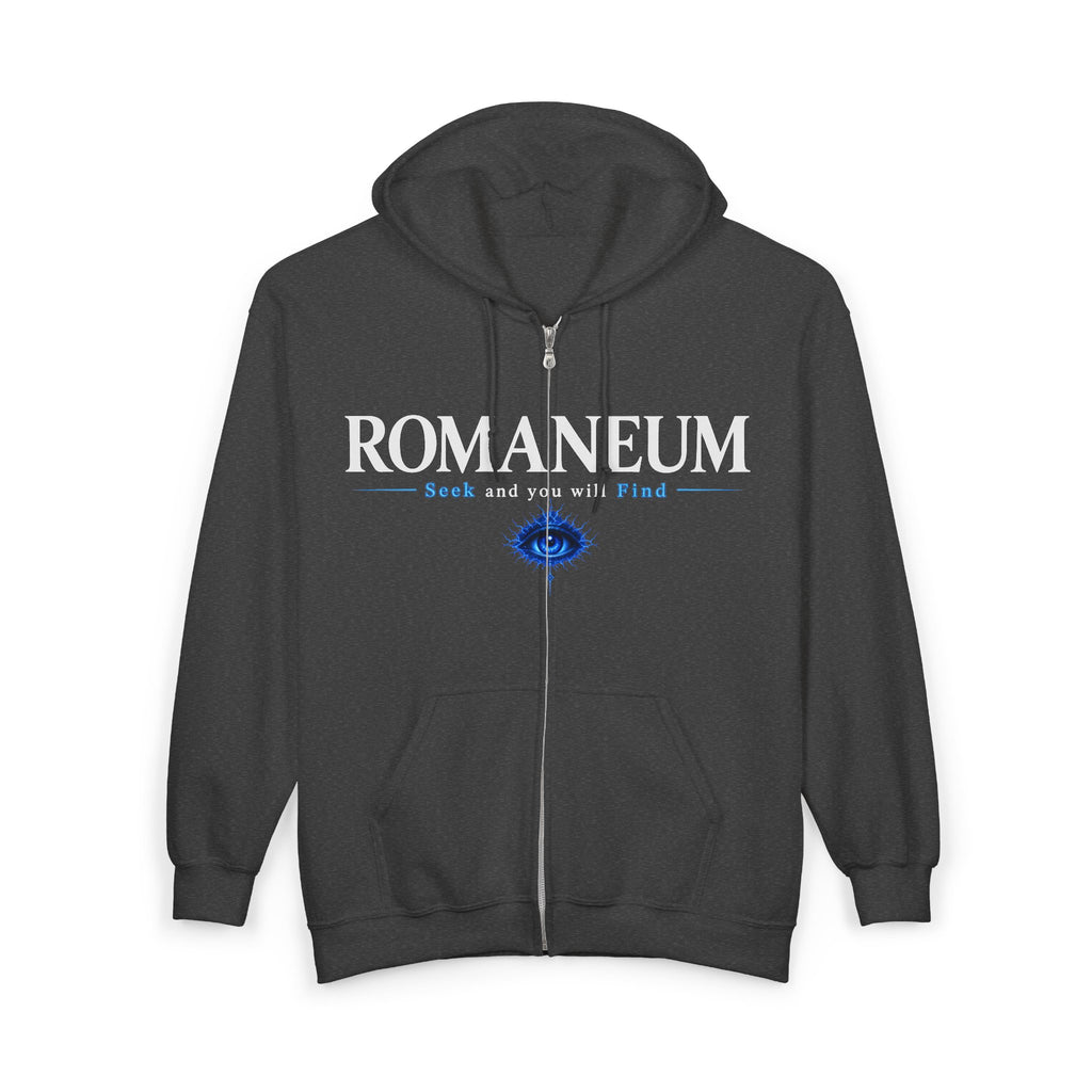 Romaneum Zip Hoodie — "Seek and you will Find" Gothic Logo