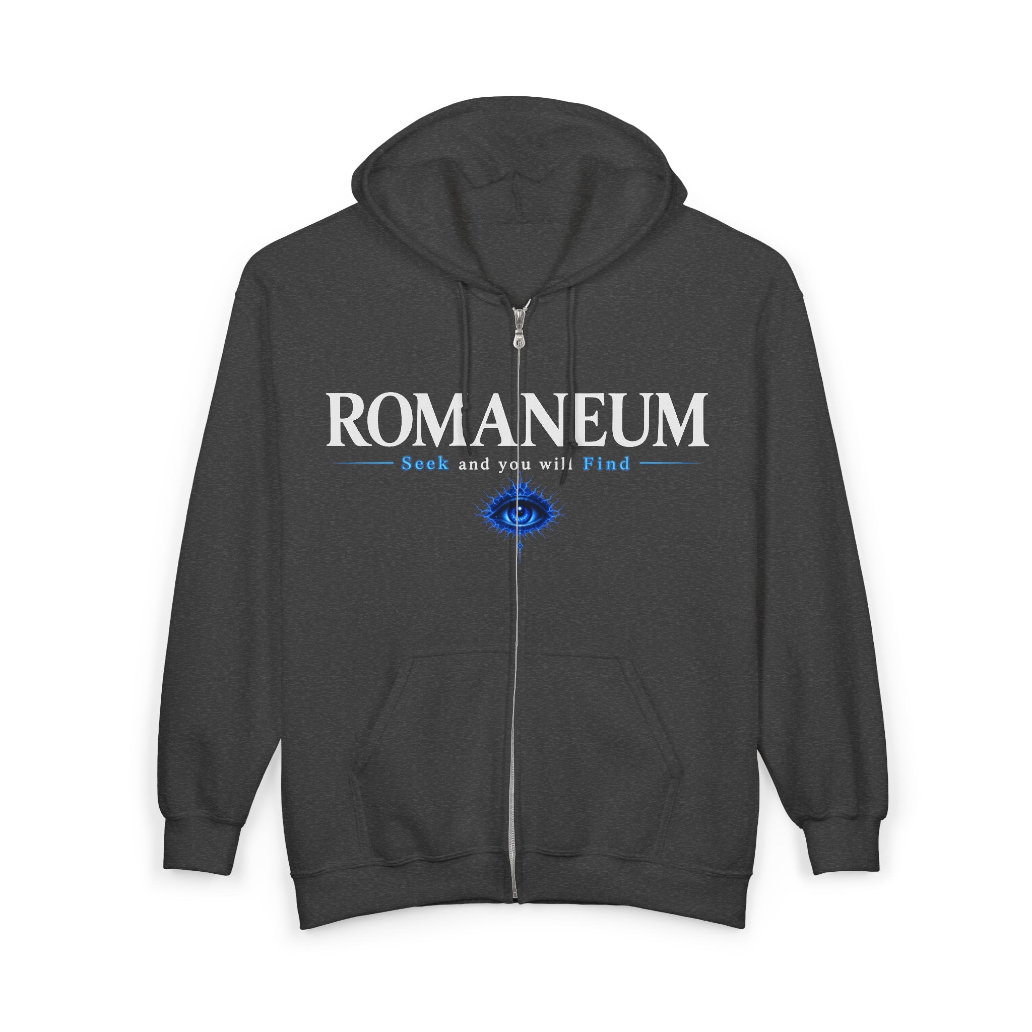 Romaneum Zip Hoodie — "Seek and you will Find" Gothic Logo