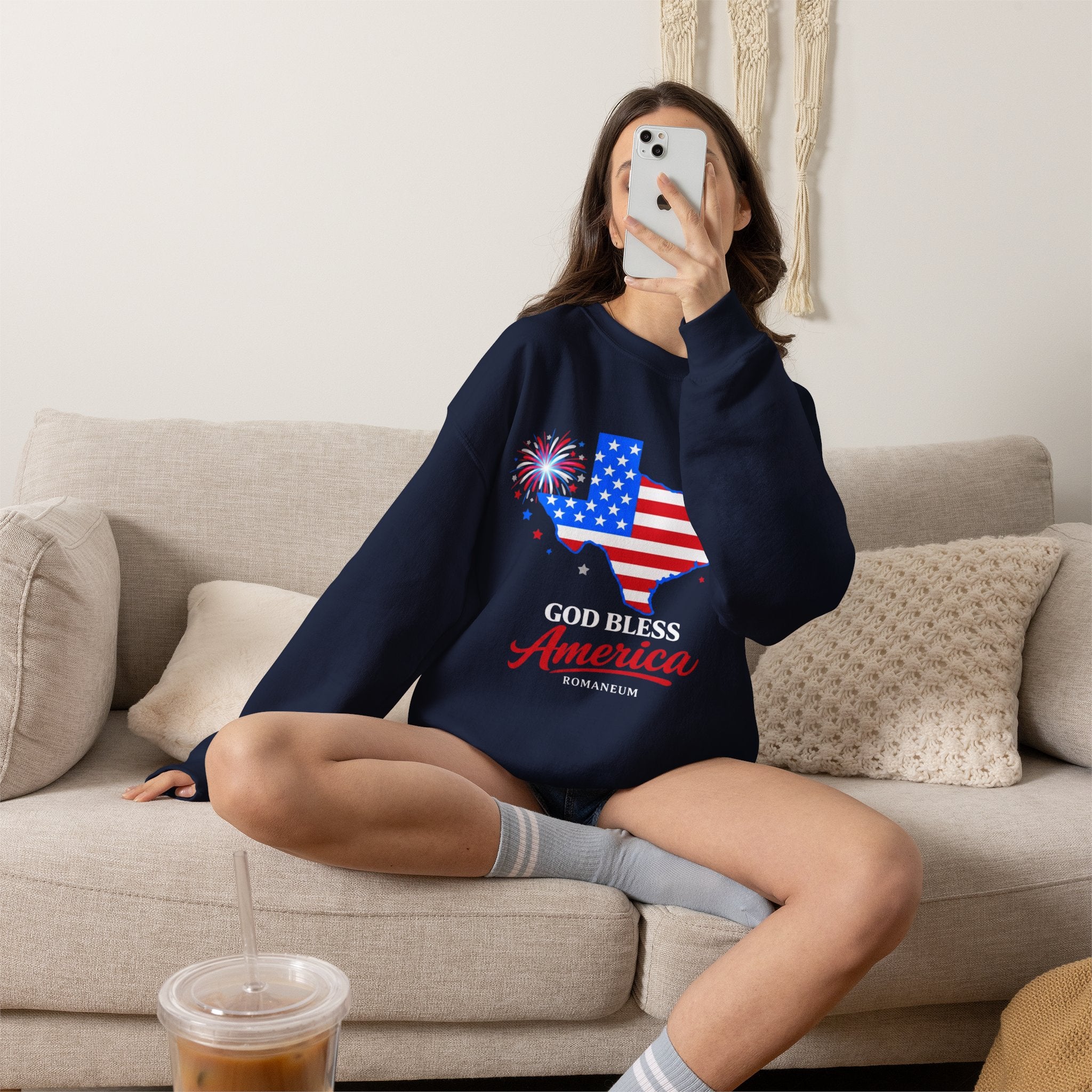 Romaneum God Bless America Flag Heart sweatshirt | Patriotic 4th of July crewneck