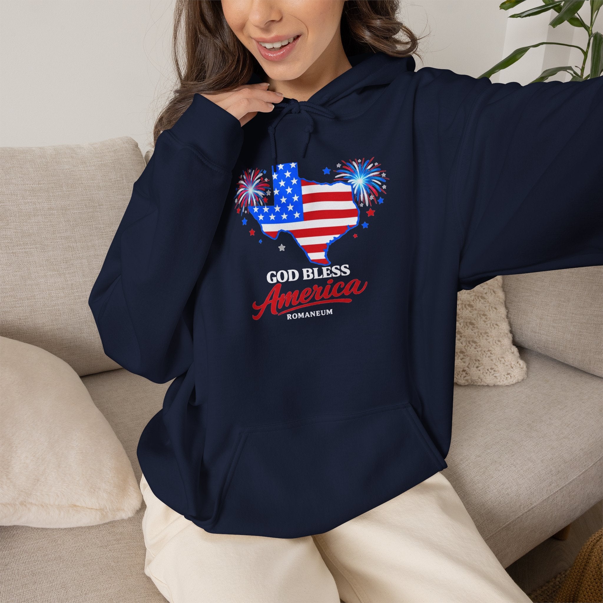 Romaneum God Bless America flag map Hoodie | American flag fireworks sleeve