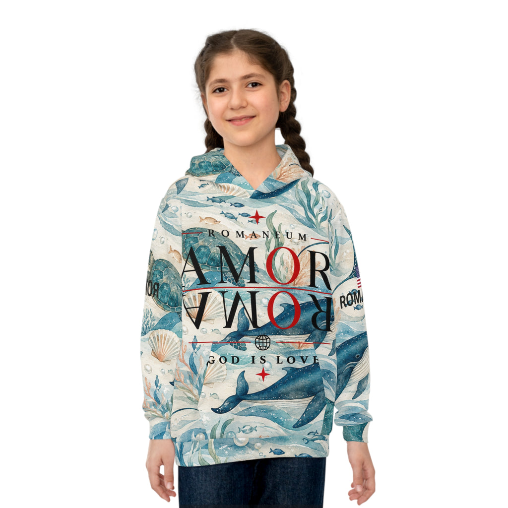 Children's All-Over-Print Hoodie — Whale & Ocean Watercolor "Amor Roma" Design (God Is Love)