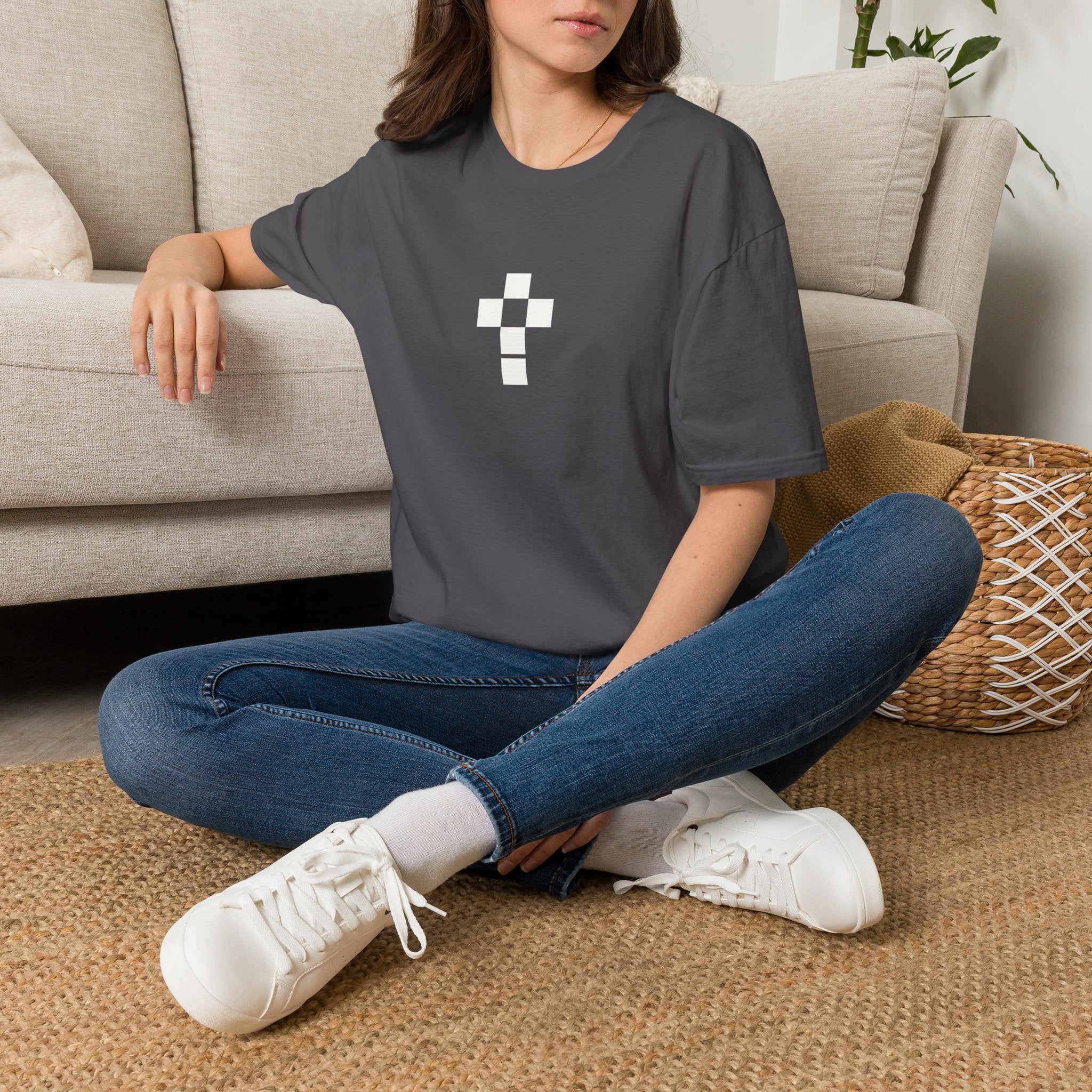 Romaneum Minimal Pixel Cross T-Shirt | Small Black Geometric Cross