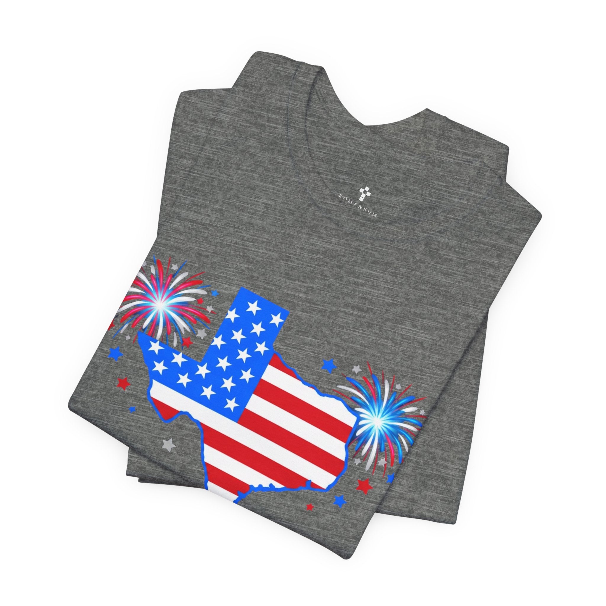 Romaneum God Bless America map tee | American flag outline, fireworks, patriotic shirt
