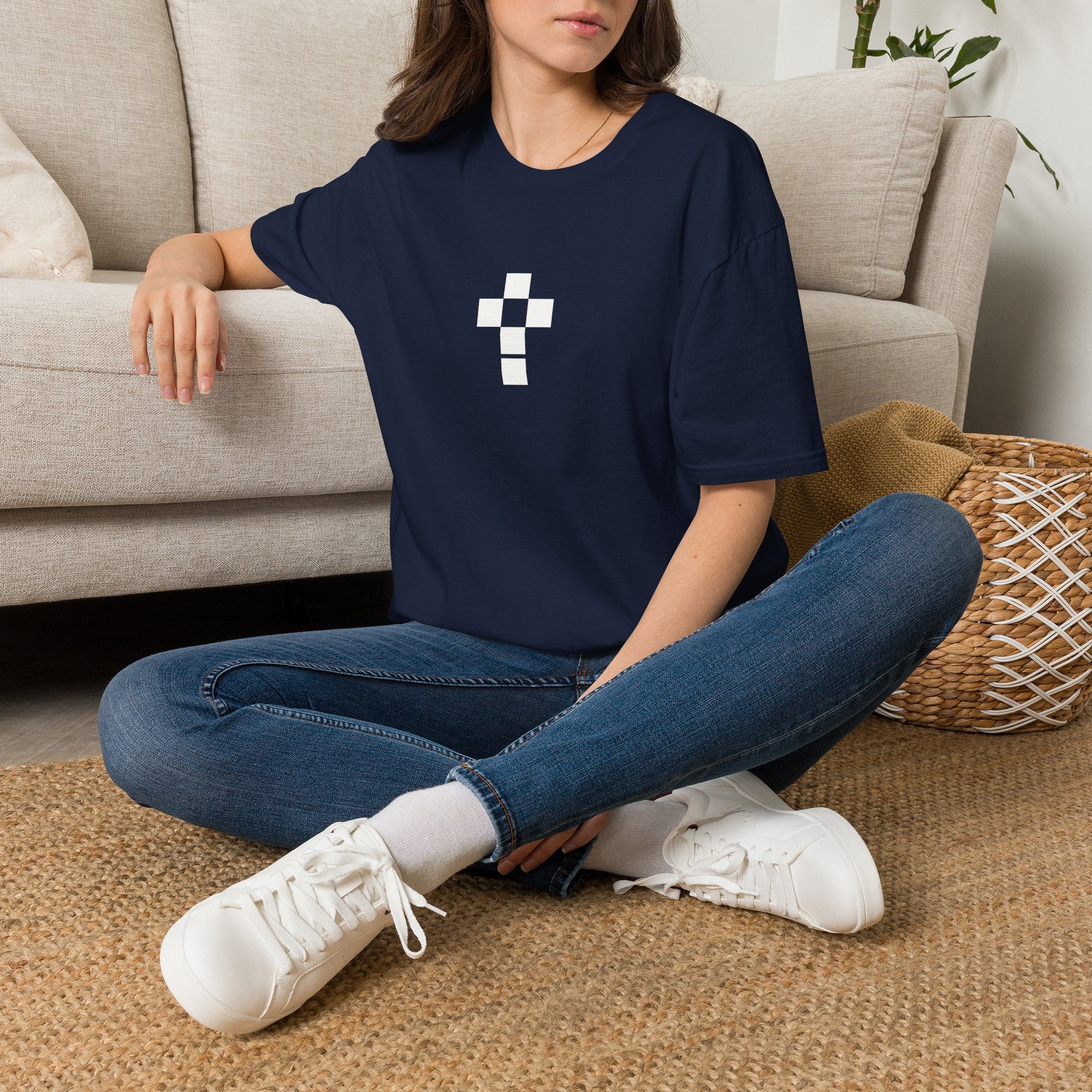 Romaneum Minimal Pixel Cross T-Shirt | Small Black Geometric Cross