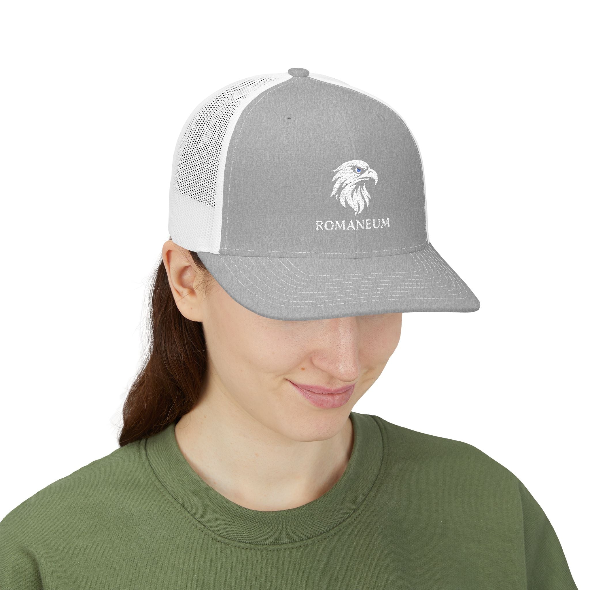 Eagle Head Romanem Trucker Cap | Embroidered Black White Mesh