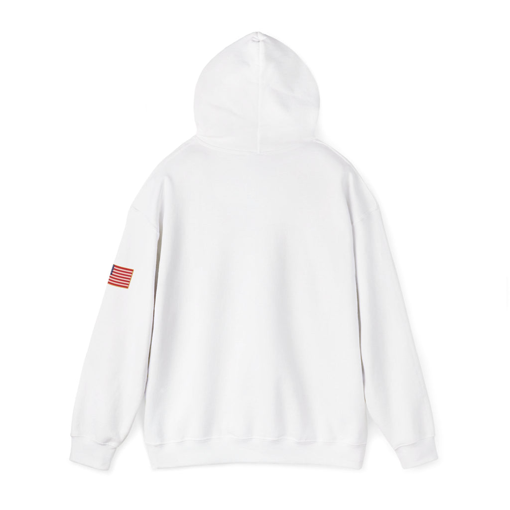 Romaneum Pixel Cross Hoodie | Small Black Cross, American Flag Sleeve