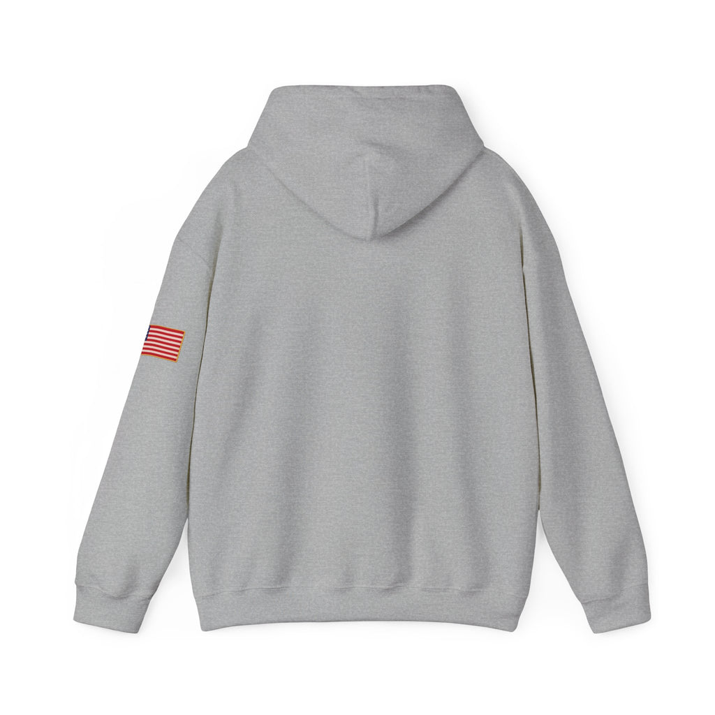 Romaneum Pixel Cross Hoodie | Small Black Cross, American Flag Sleeve