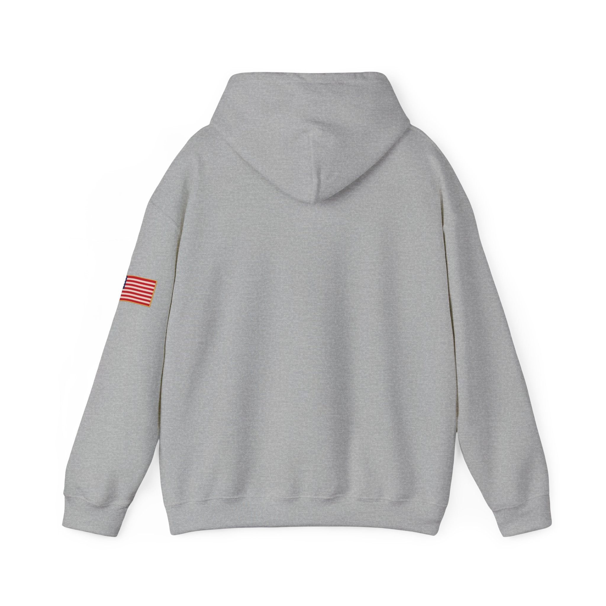 Romaneum Pixel Cross Hoodie | Small Black Cross, American Flag Sleeve