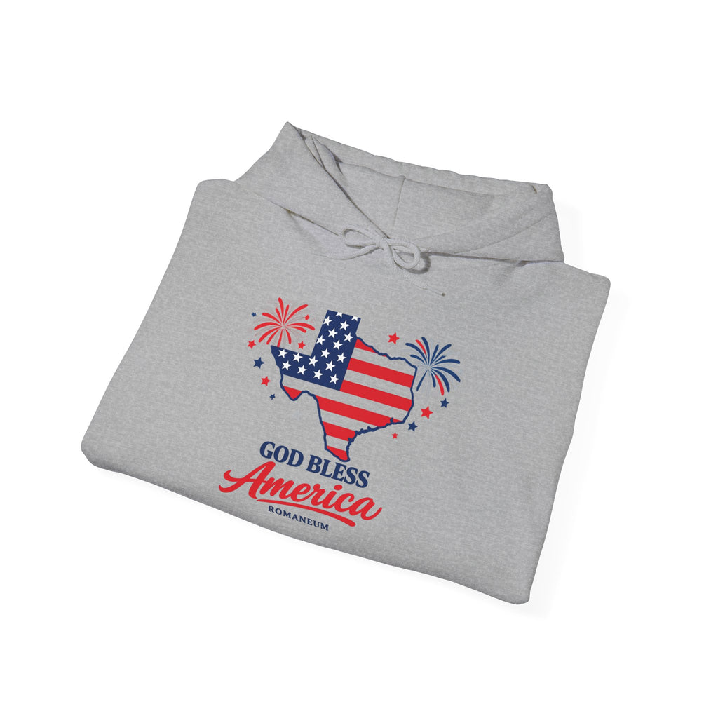 Romaneum God Bless America flag map Hoodie | American flag fireworks sleeve