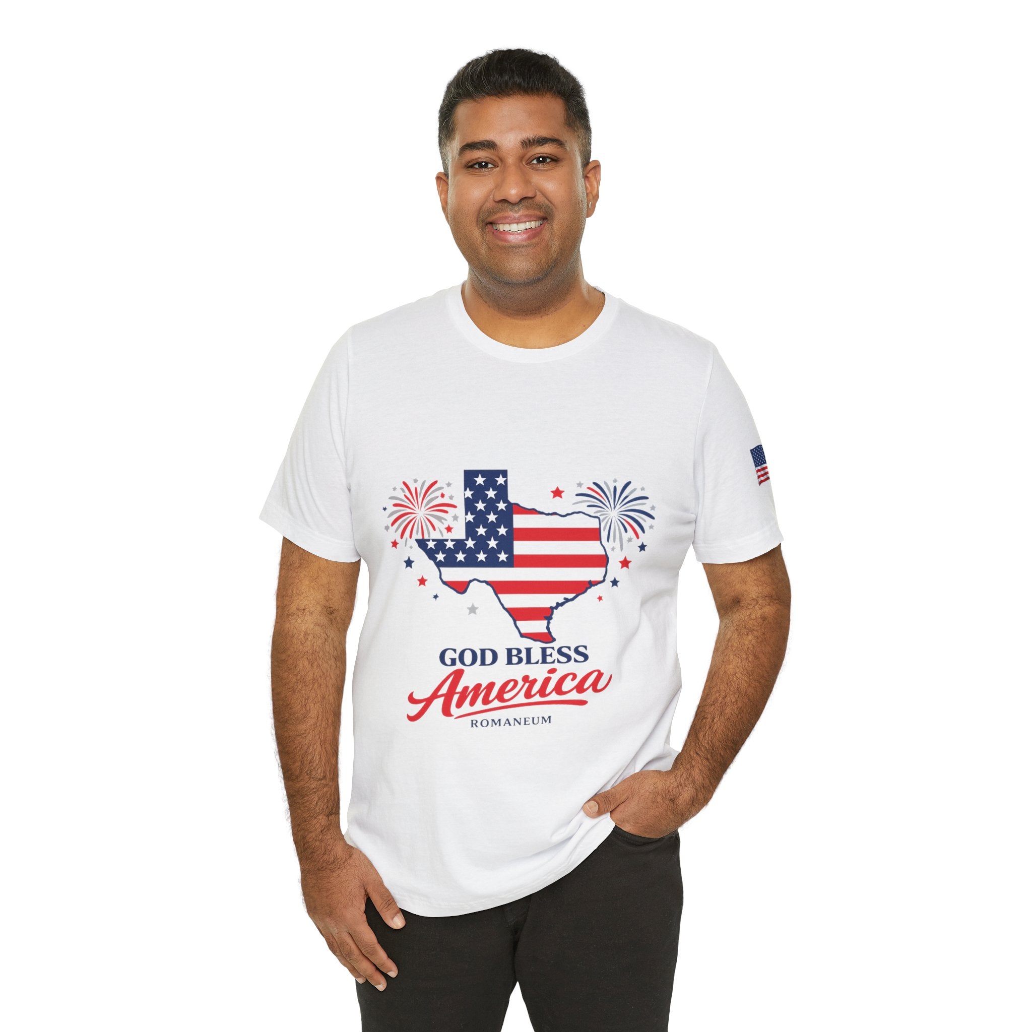 Romaneum God Bless America map tee | American flag outline, fireworks, patriotic shirt
