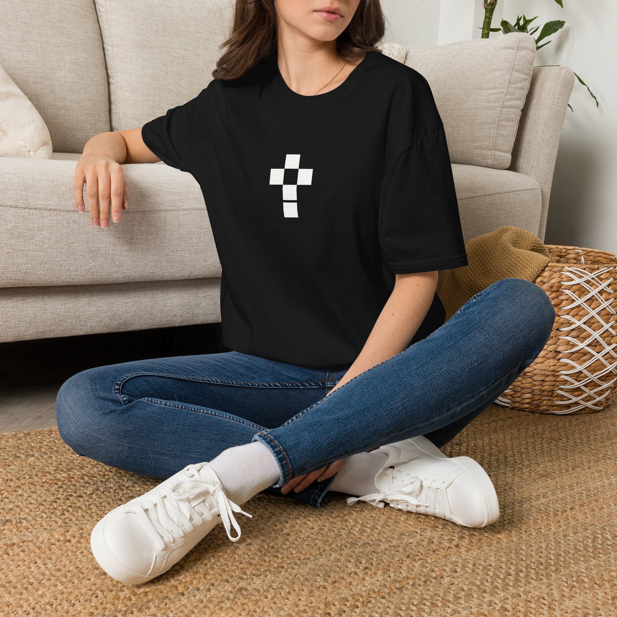 Romaneum Minimal Pixel Cross T-Shirt | Small Black Geometric Cross