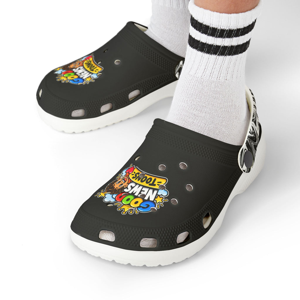 Kids 'Good News Toons' Black EVA Foam Clogs — Fun Cartoon Slip-Ons