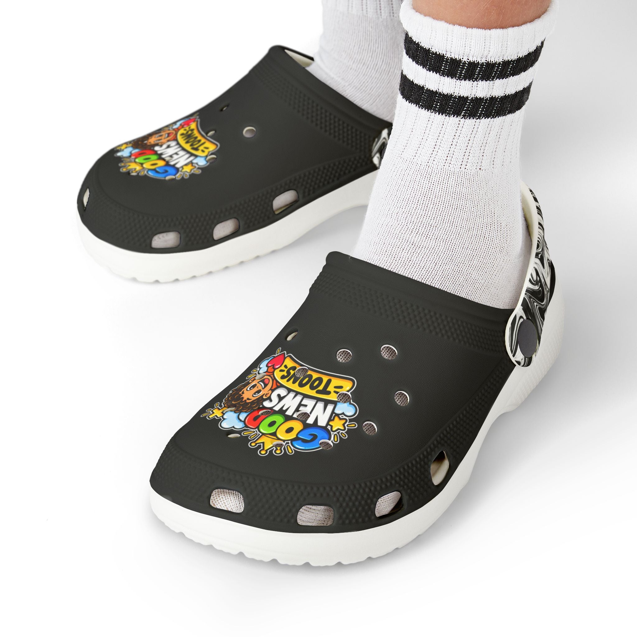 Kids 'Good News Toons' Black EVA Foam Clogs — Fun Cartoon Slip-Ons