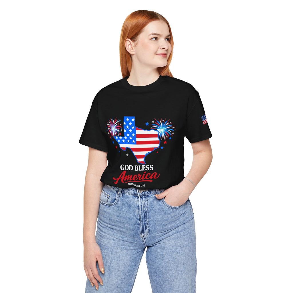 Romaneum God Bless America map tee | American flag outline, fireworks, patriotic shirt