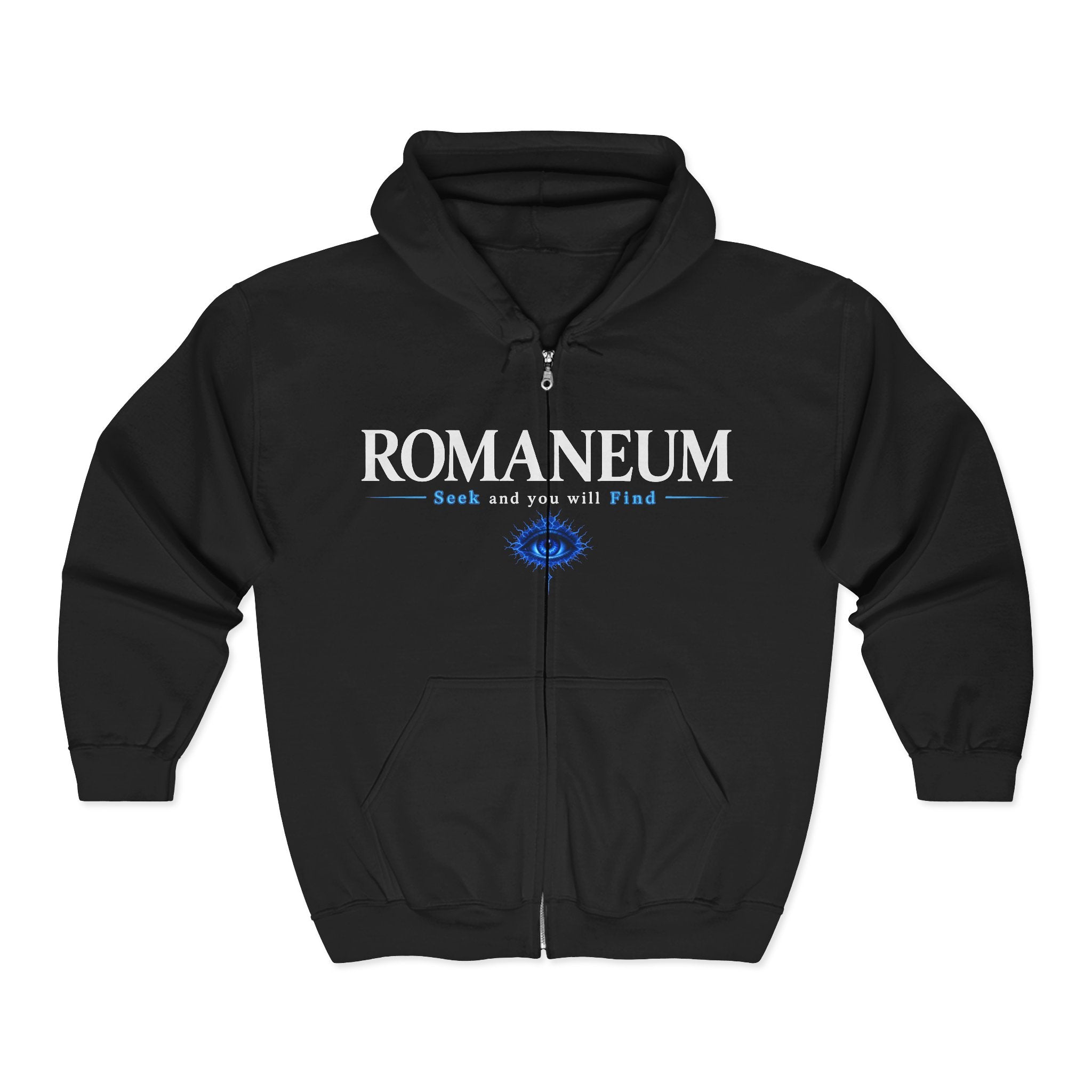 Romaneum Zip Hoodie — "Seek and you will Find" Gothic Logo