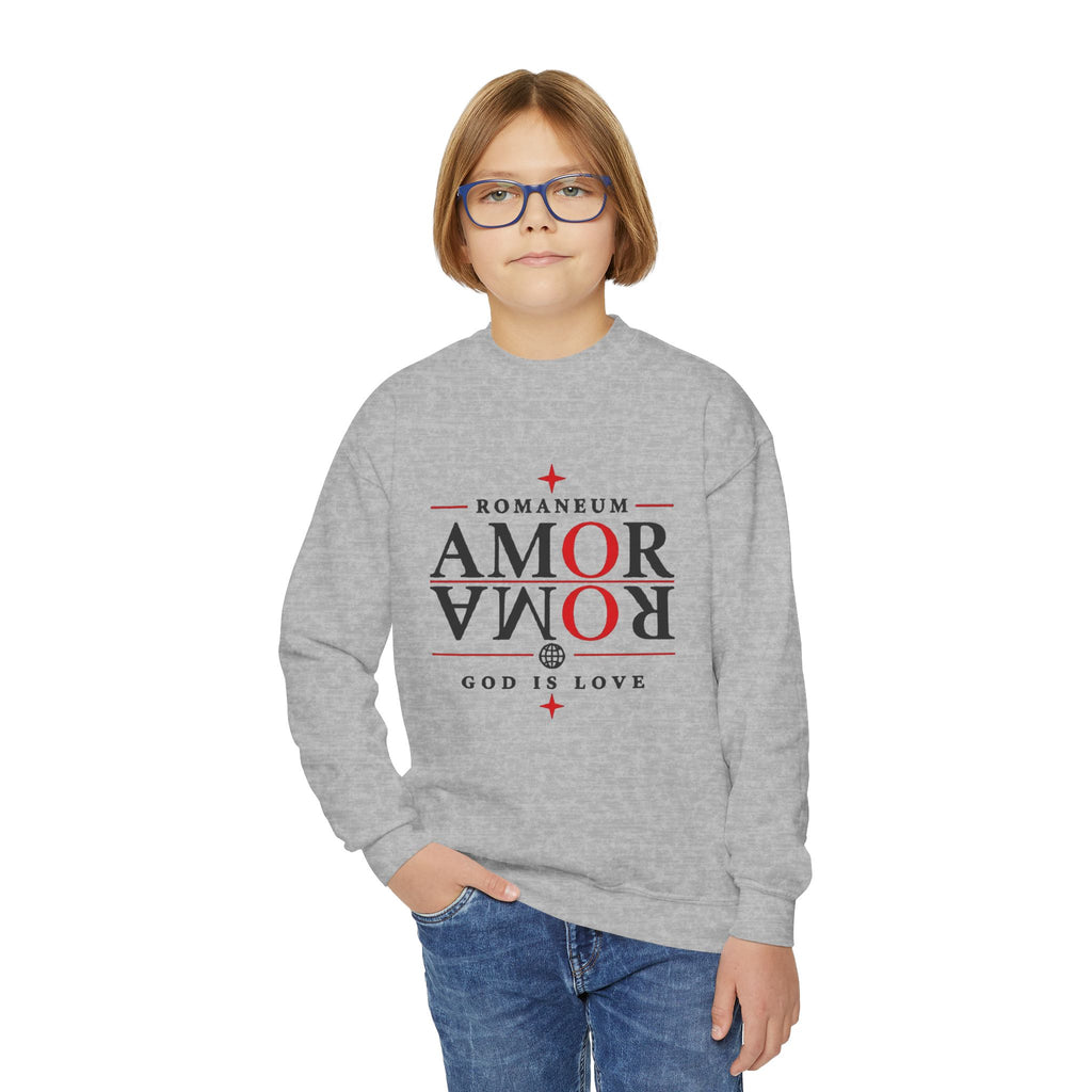 Romaneum Amor Crewneck Sweatshirt — “AMOR/ROMA” God Is Love Youth Pullover