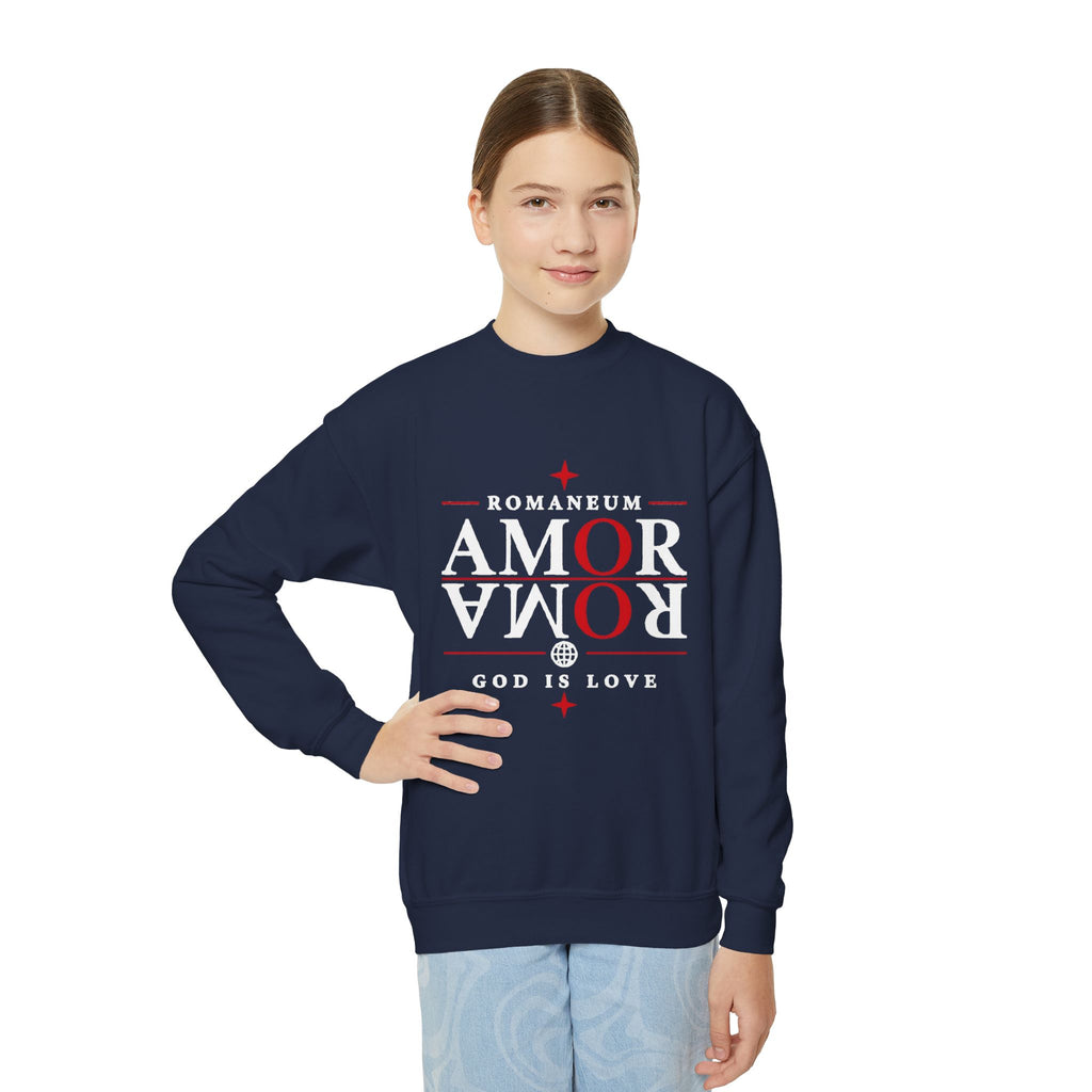 Romaneum Amor Crewneck Sweatshirt — “AMOR/ROMA” God Is Love Youth Pullover