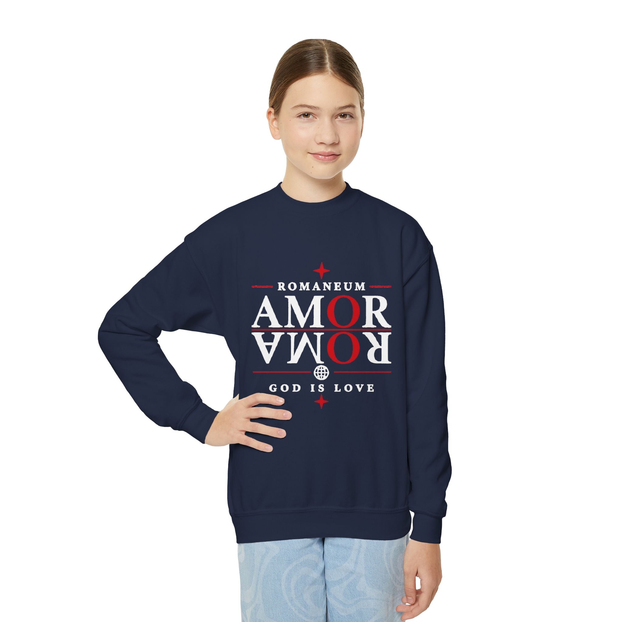 Romaneum Amor Crewneck Sweatshirt — “AMOR/ROMA” God Is Love Youth Pullover