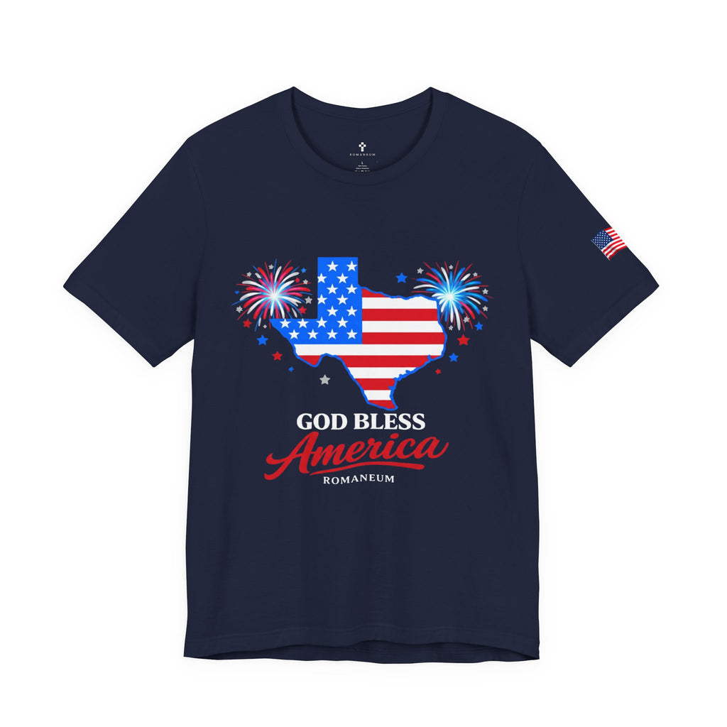 Romaneum God Bless America map tee | American flag outline, fireworks, patriotic shirt