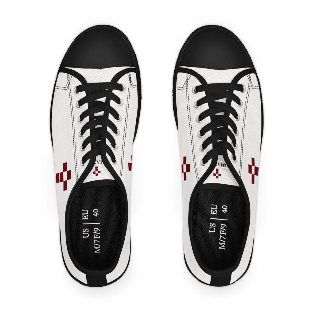 White Low Top Sneakers with Burgundy Pixel Cross — Women's Casual Canvas Shoes