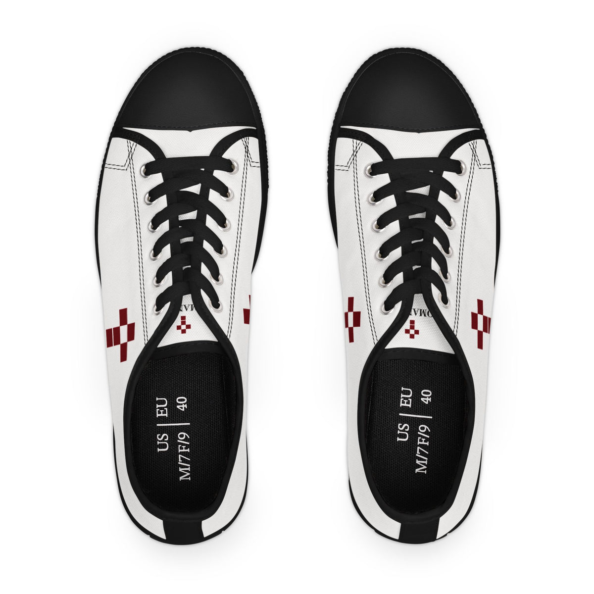 White Low Top Sneakers with Burgundy Pixel Cross — Women's Casual Canvas Shoes