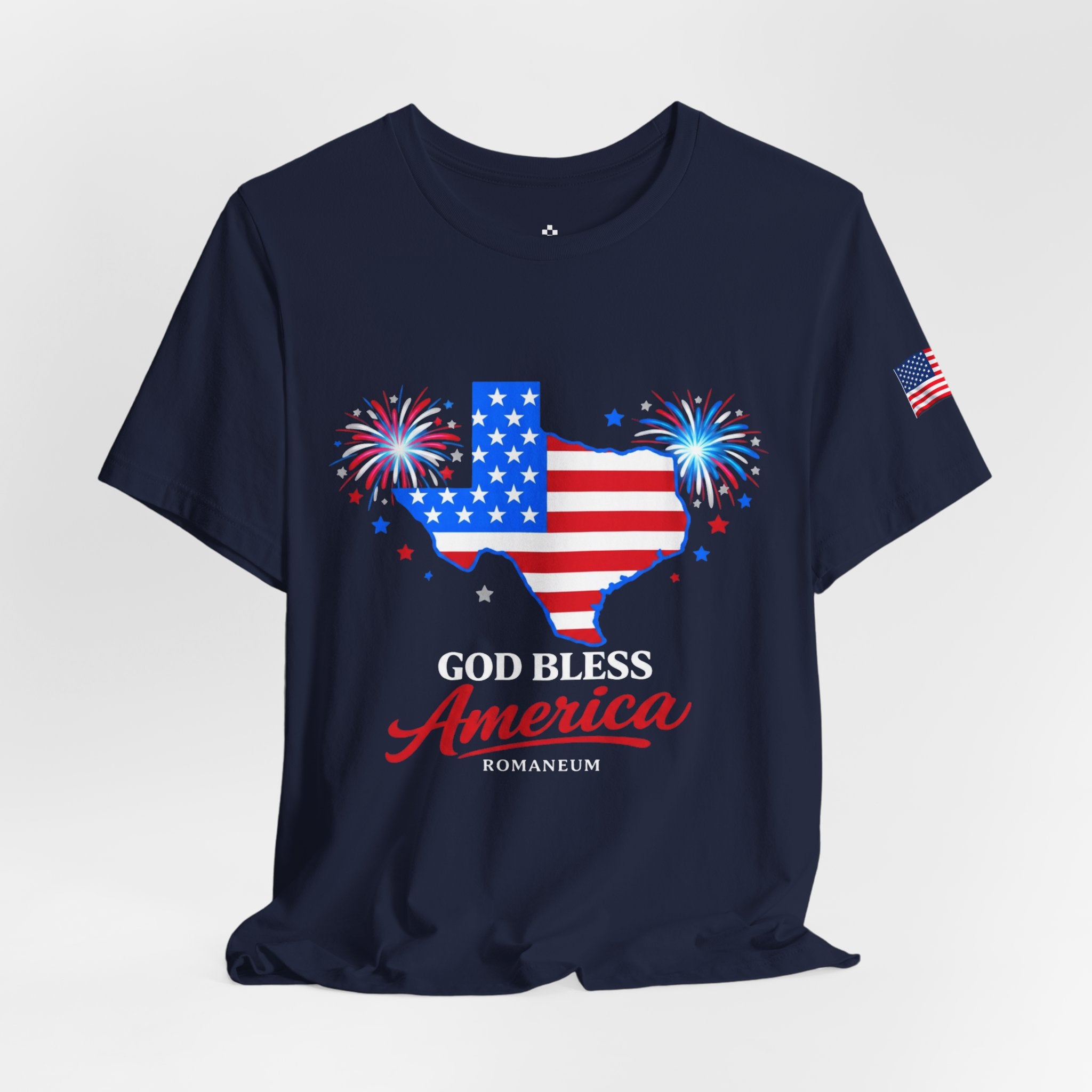 Romaneum God Bless America map tee | American flag outline, fireworks, patriotic shirt