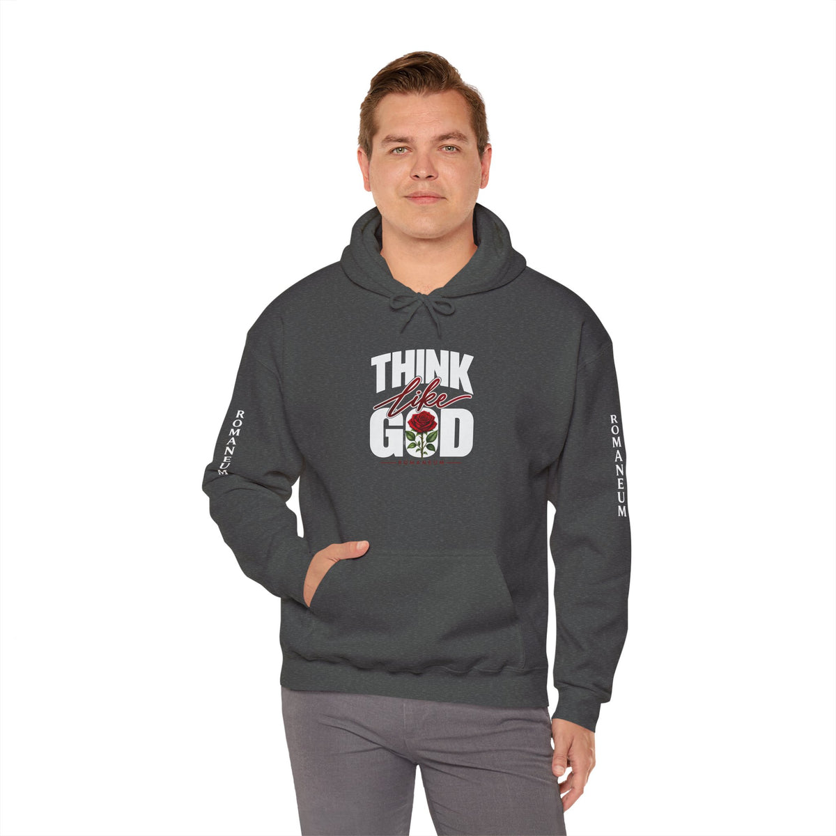 Think Like God Hoodie — Graphic with Romaneum Sleeve Print