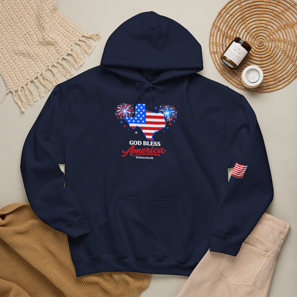 Romaneum God Bless America flag map Hoodie | American flag fireworks sleeve
