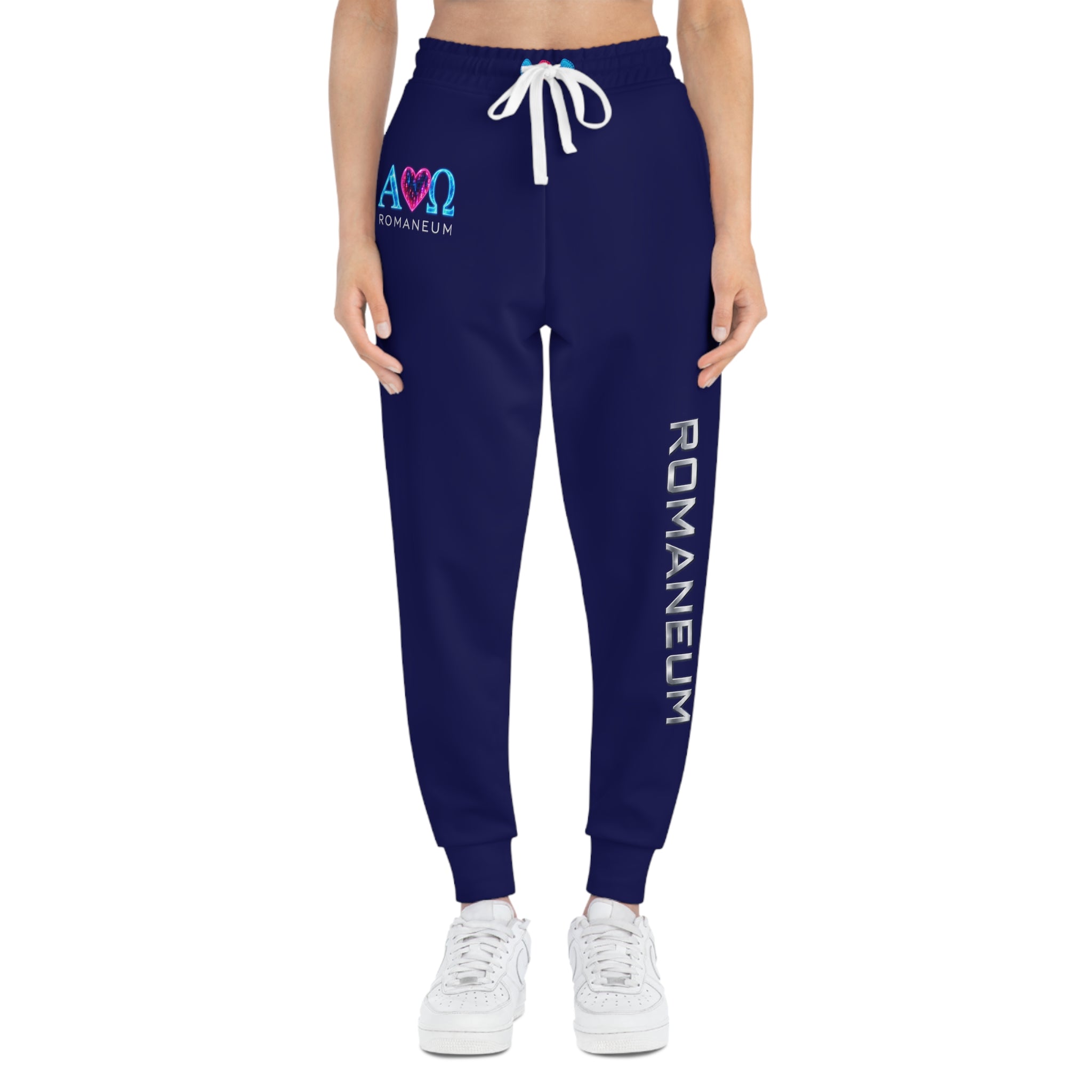 Romaneum Navy Athletic Joggers — Logo Track Pants with Side Text