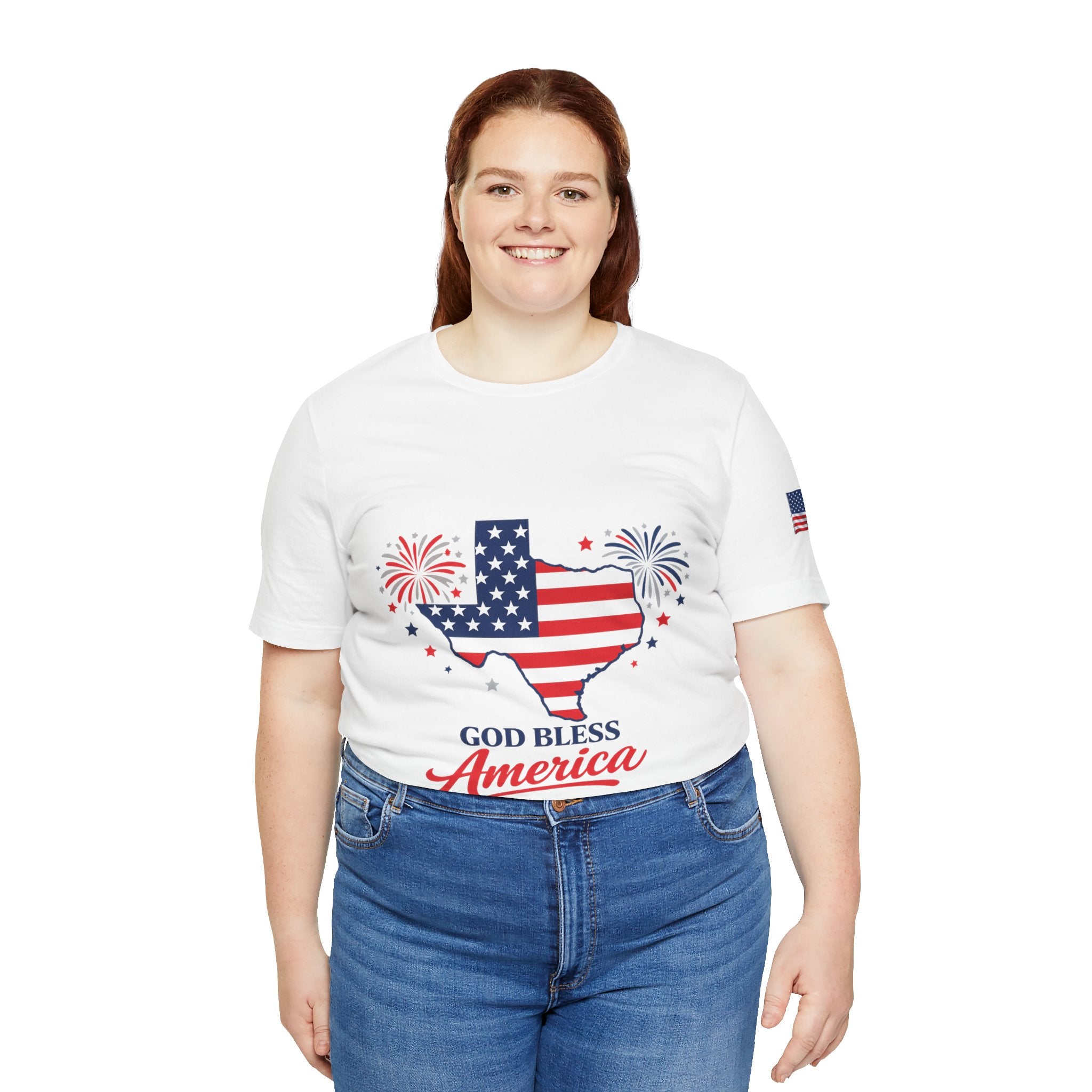 Romaneum God Bless America map tee | American flag outline, fireworks, patriotic shirt