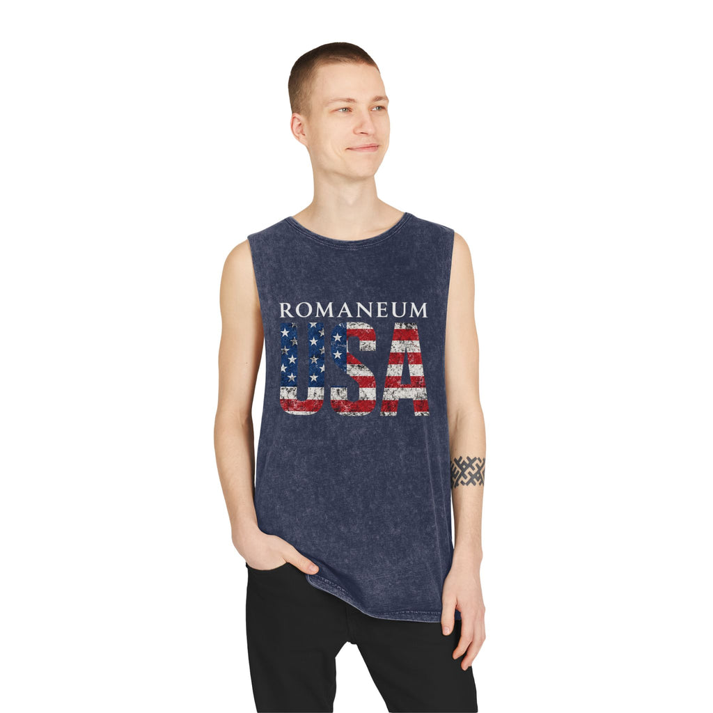 Romanеum USA Stonewash Tank — Vintage American Flag Muscle Tee