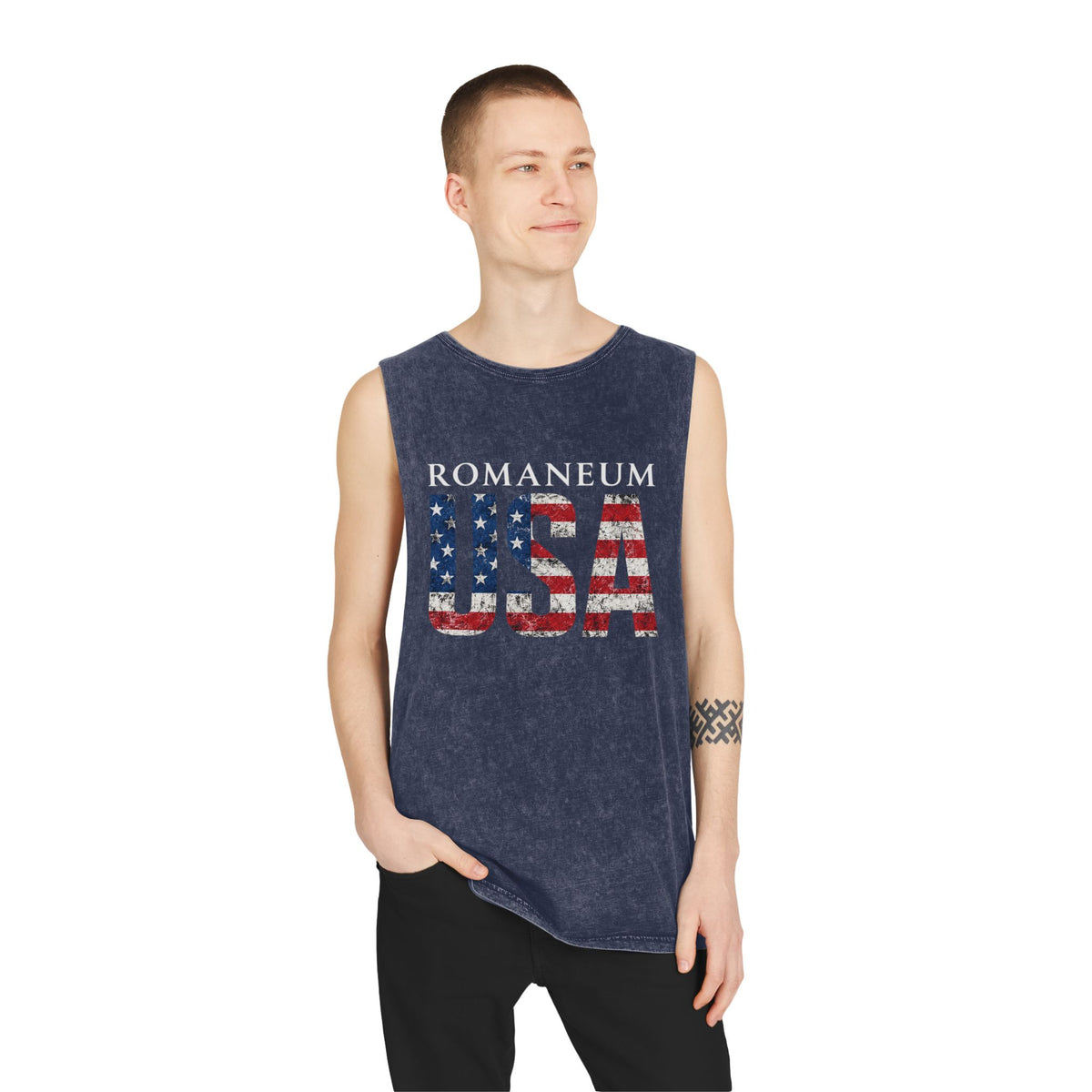Romanеum USA Stonewash Tank — Vintage American Flag Muscle Tee