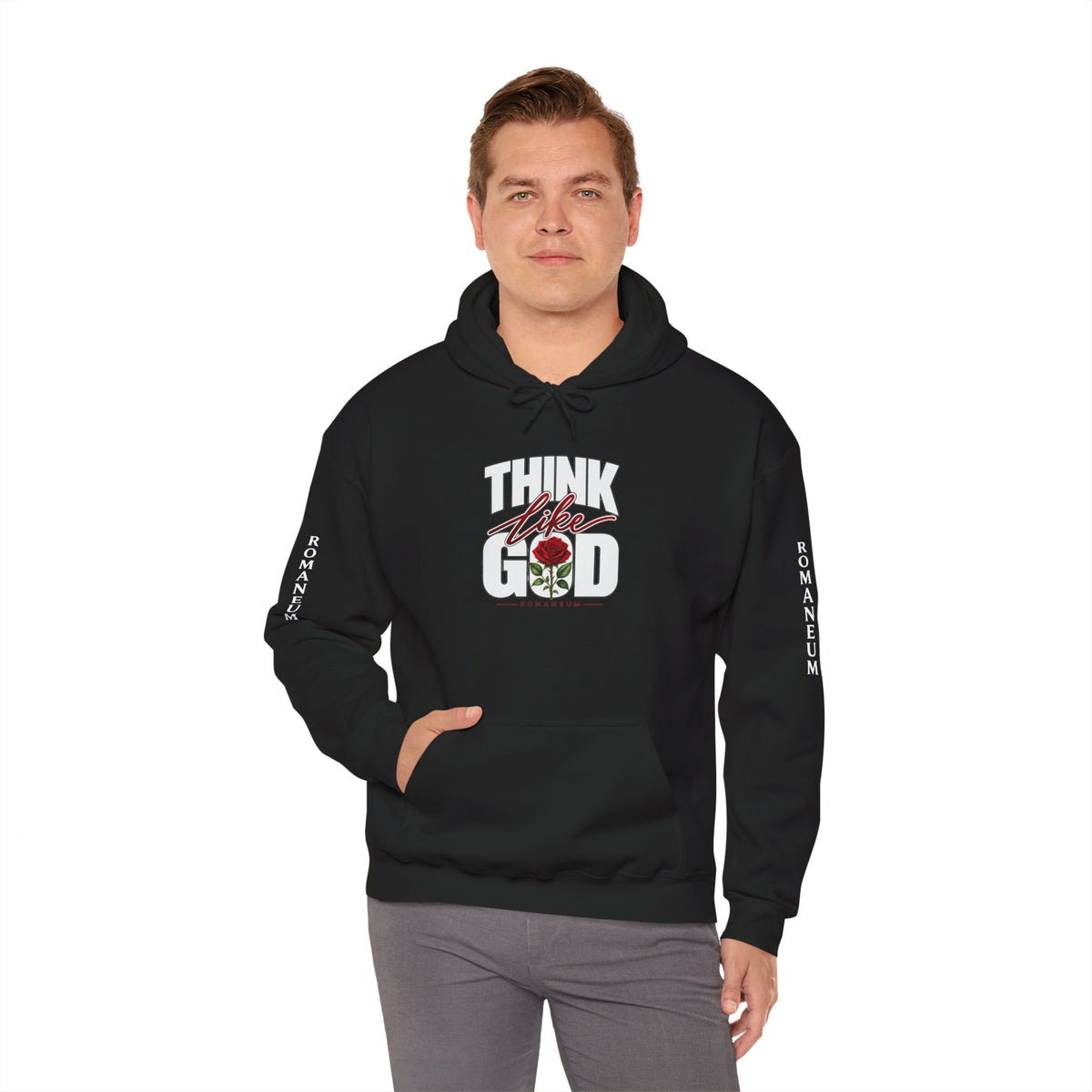 Think Like God Hoodie — Graphic with Romaneum Sleeve Print