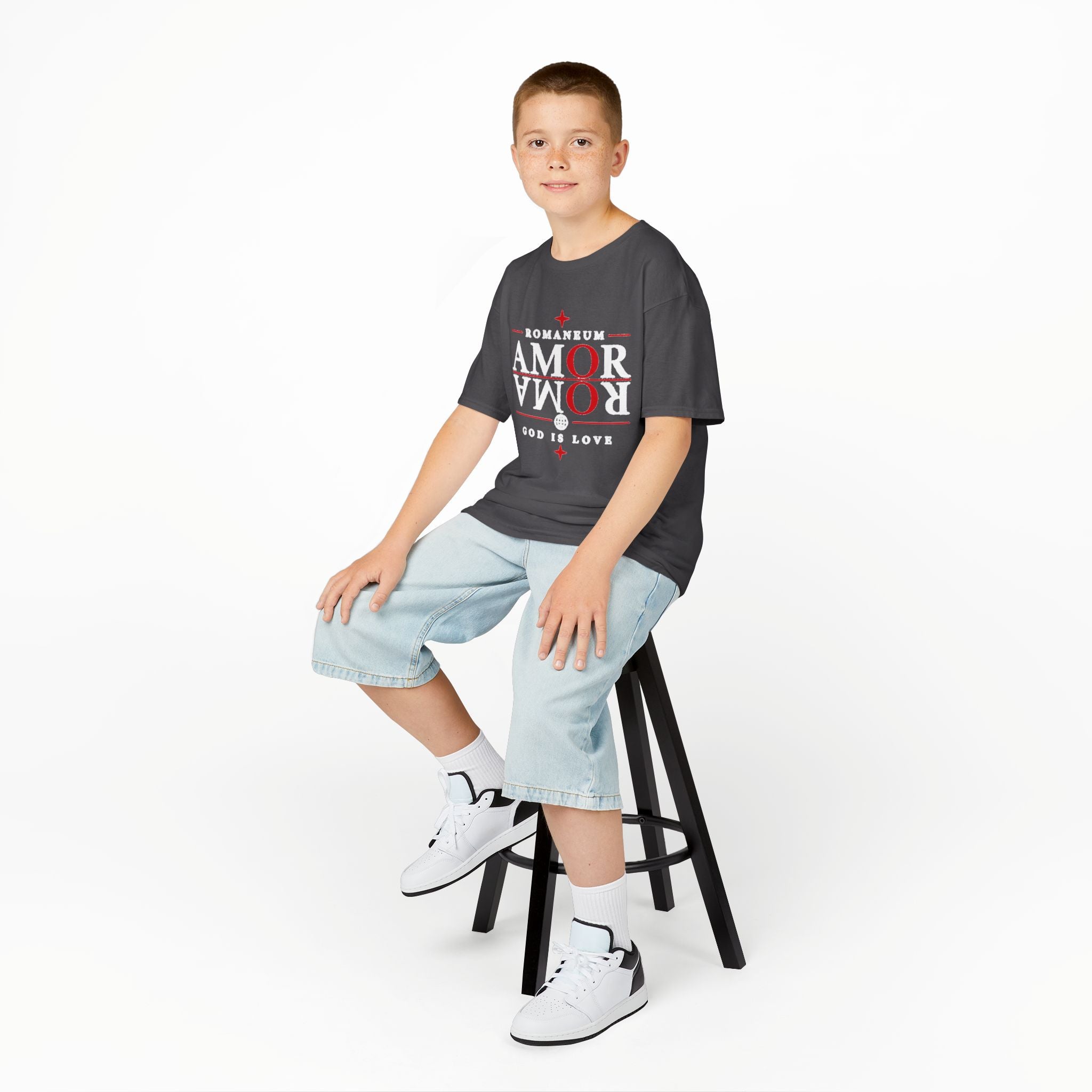Kids Tee — "Amor Roma / God is Love" Religious Graphic Shirt