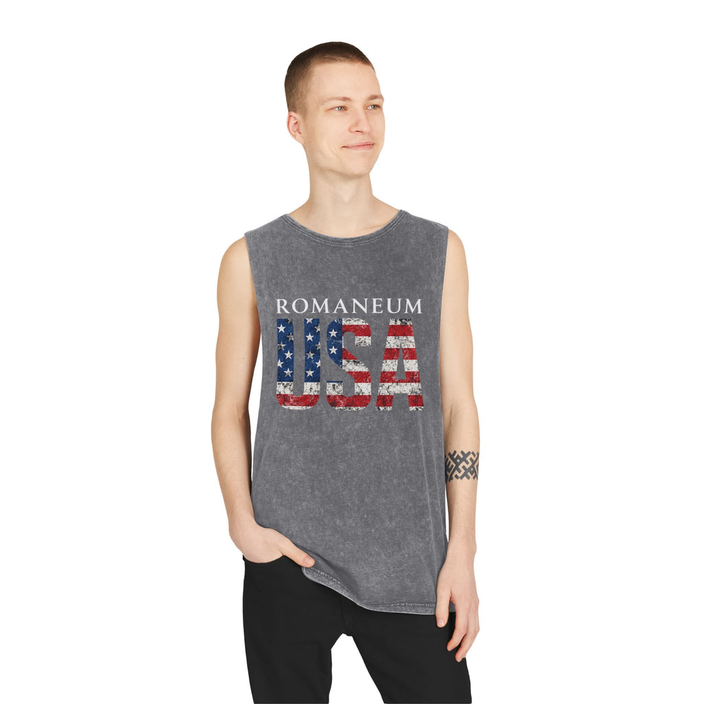Romanеum USA Stonewash Tank — Vintage American Flag Muscle Tee