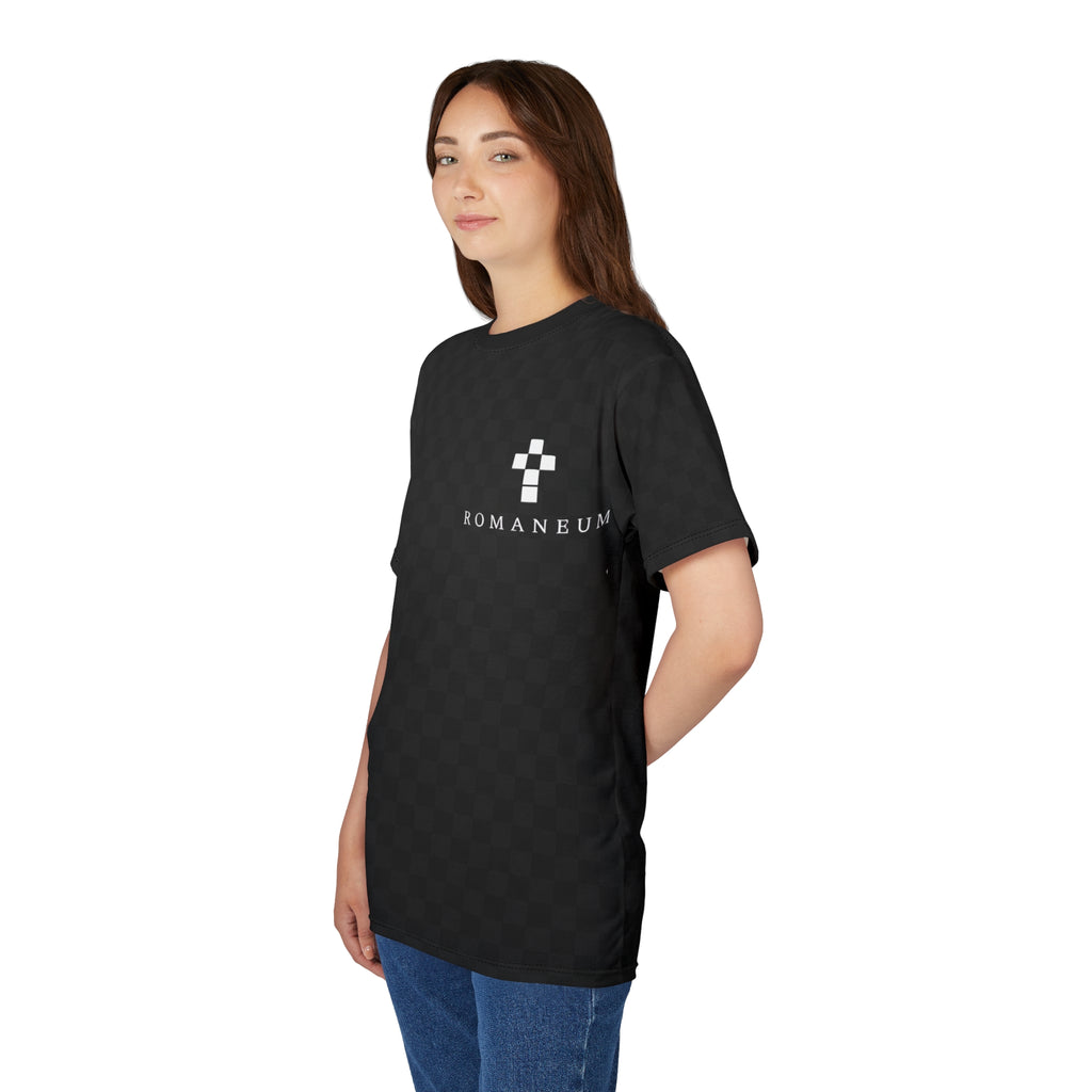 Black Checkered 'ROMANEUM' Logo Tee — All-Over Print Cut & Sew Shirt