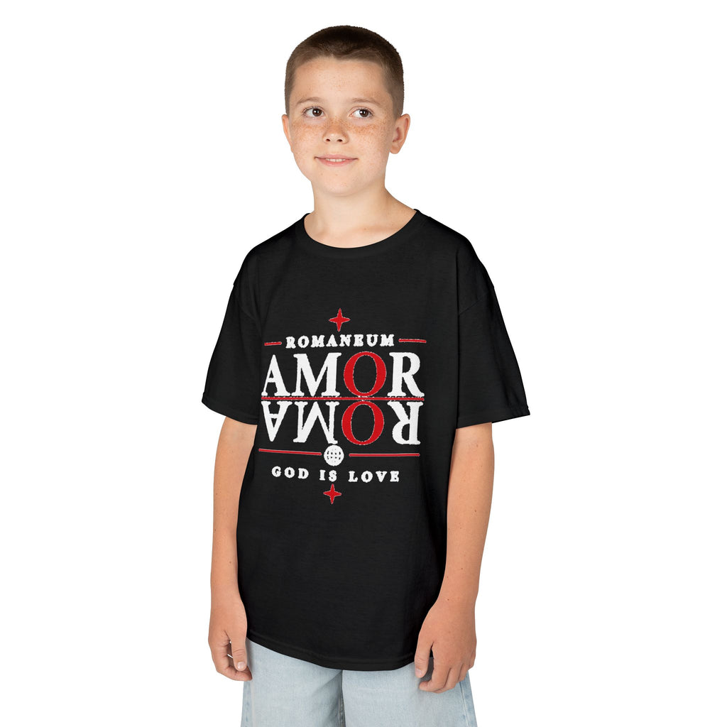 Kids Tee — "Amor Roma / God is Love" Religious Graphic Shirt