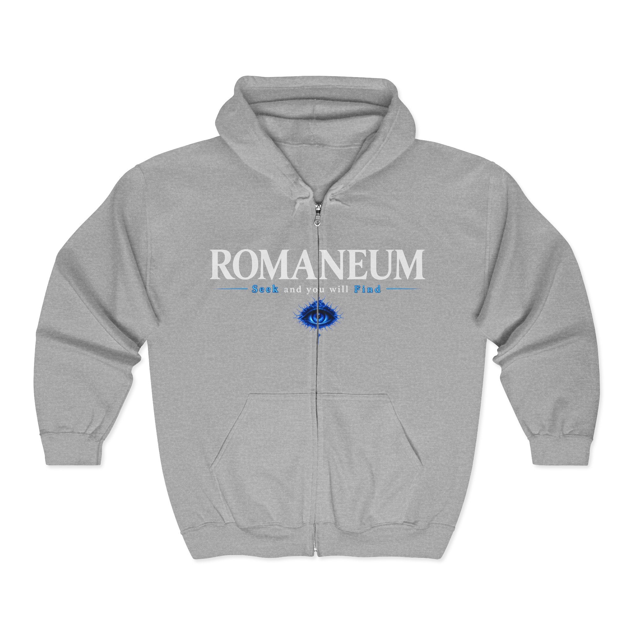 Romaneum Zip Hoodie — "Seek and you will Find" Gothic Logo