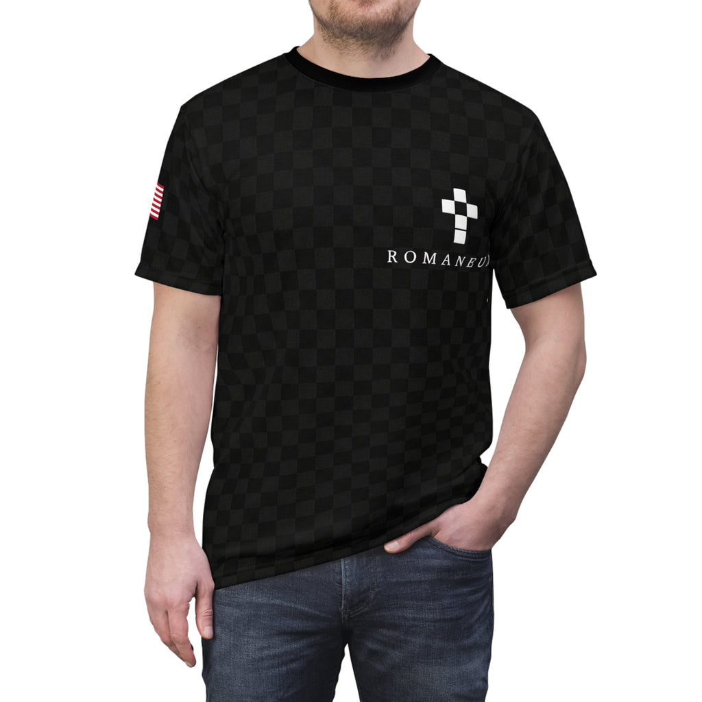 Black Checkered 'ROMANEUM' Logo Tee — All-Over Print Cut & Sew Shirt