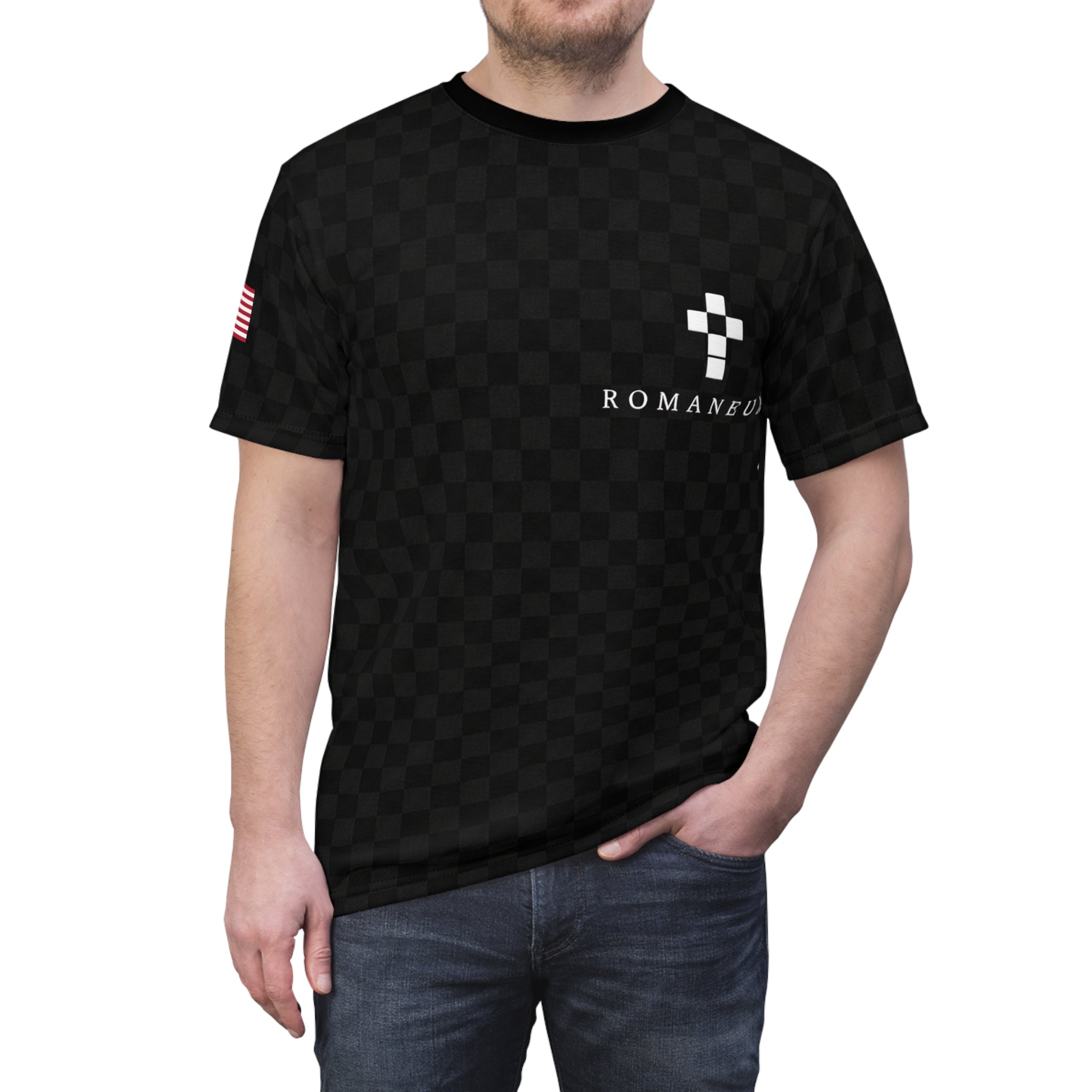 Black Checkered 'ROMANEUM' Logo Tee — All-Over Print Cut & Sew Shirt