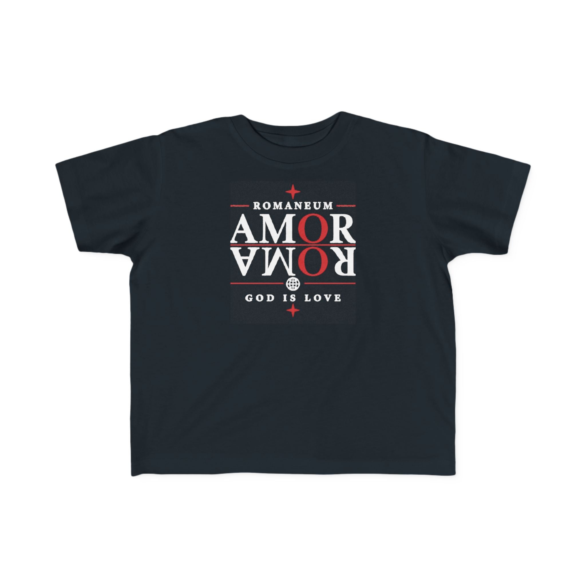 Toddler Tee — "AMOR / ROMA" Roman Catholic Kids Shirt (Romaneum: God Is Love)