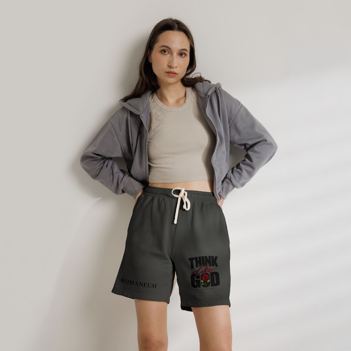 Think Like God Sweat Shorts — Graphic Fleece Lounge Shorts (Romaneum)