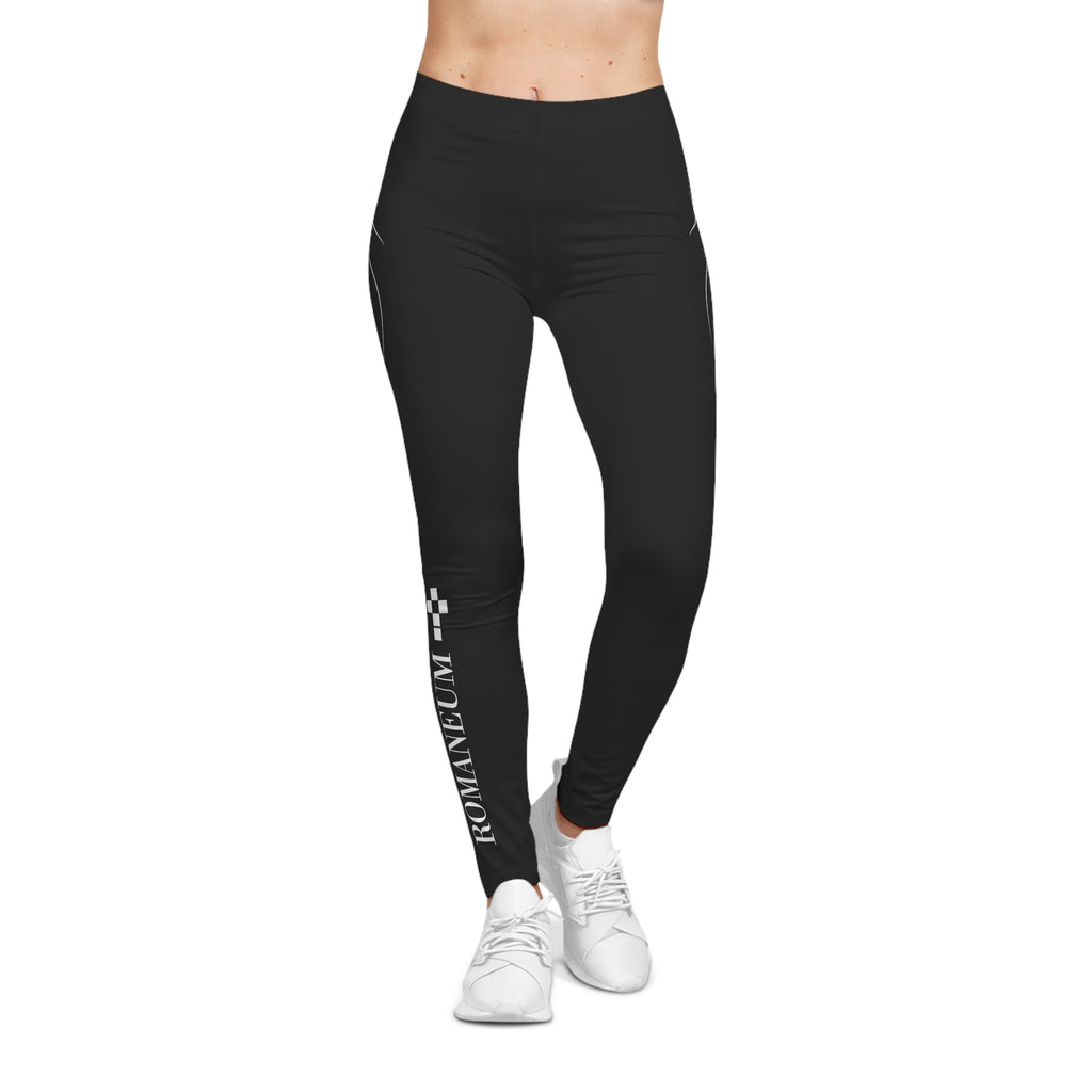 Women's Black Logo Leggings — ROMANEUM Side Print Activewear